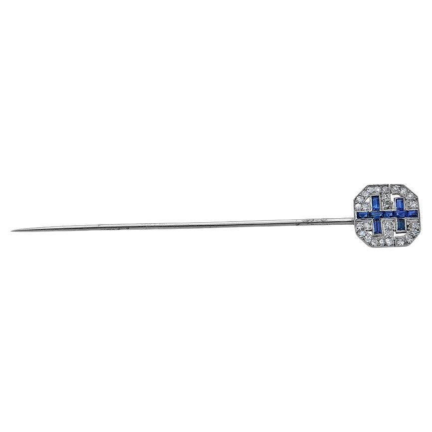 Antique french 18k Diamond & Sapphire Stick Pin (Patterned Sapphires) For Sale