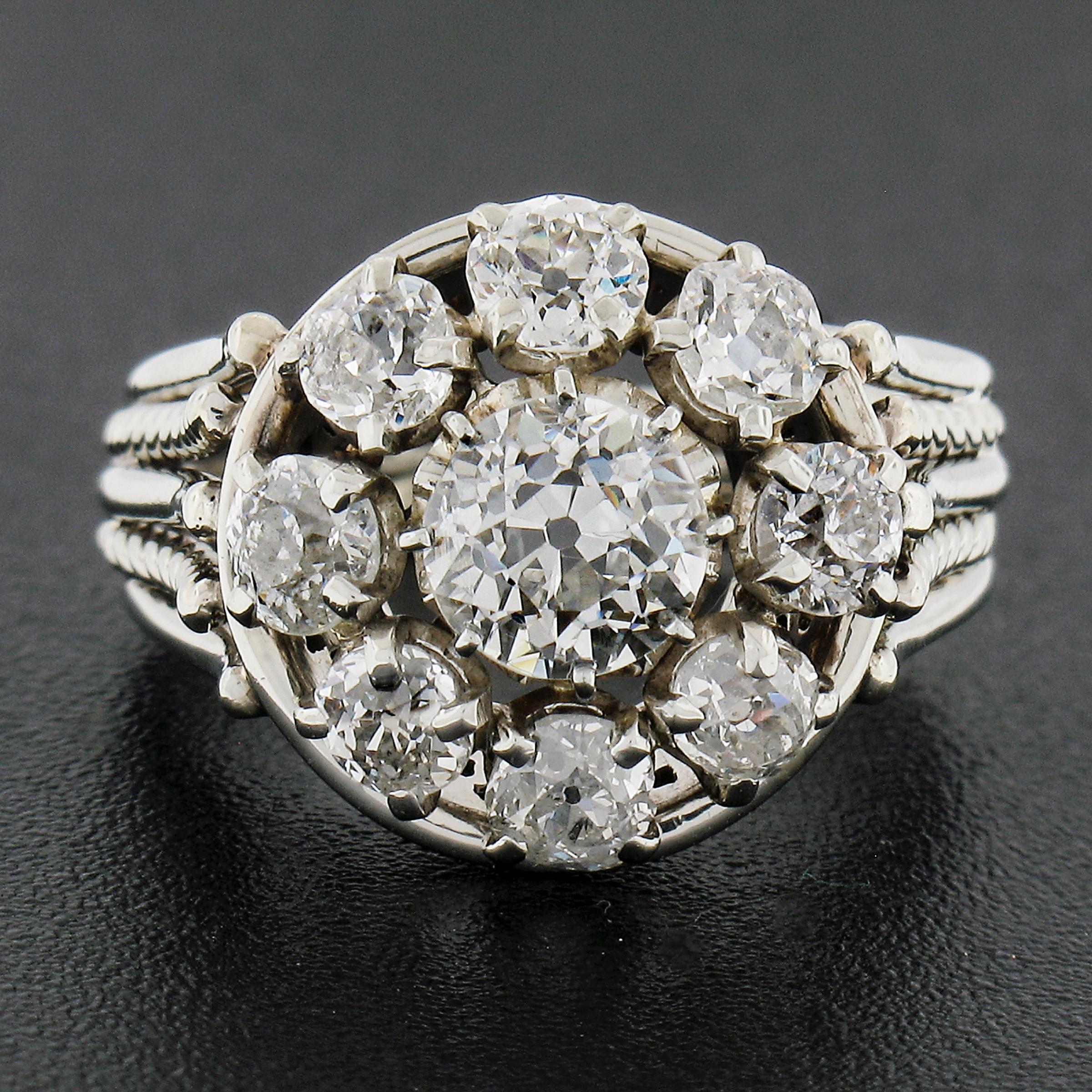 Antique French 18K Gold 2.12ctw GIA European Diamond Halo Flower Cocktail Ring In Good Condition For Sale In Montclair, NJ