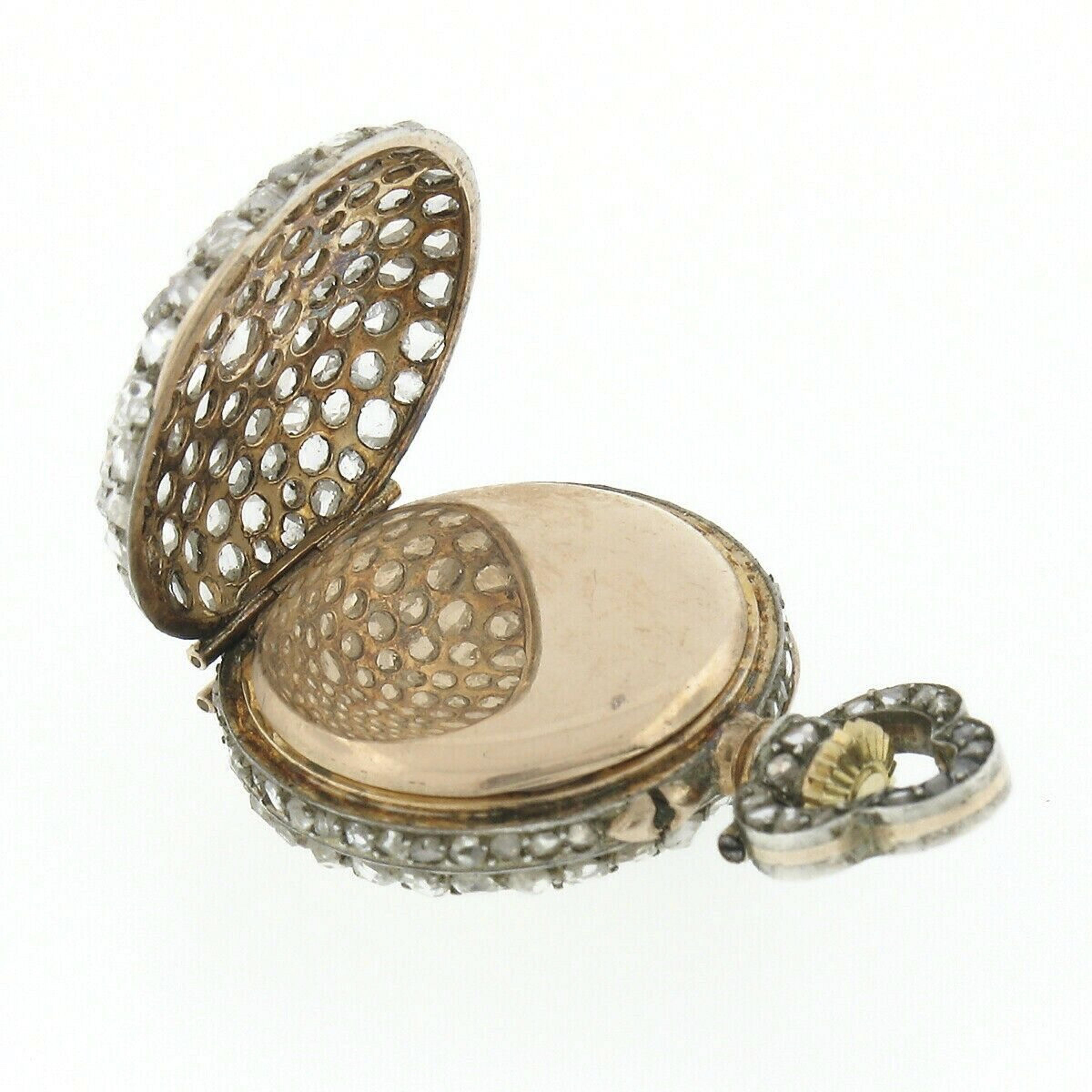 Antike französische Taschenuhr-Anhänger, 18 Karat Gold, 3,25 Karat Diamant im Rosenschliff, abgedeckt Damen im Angebot
