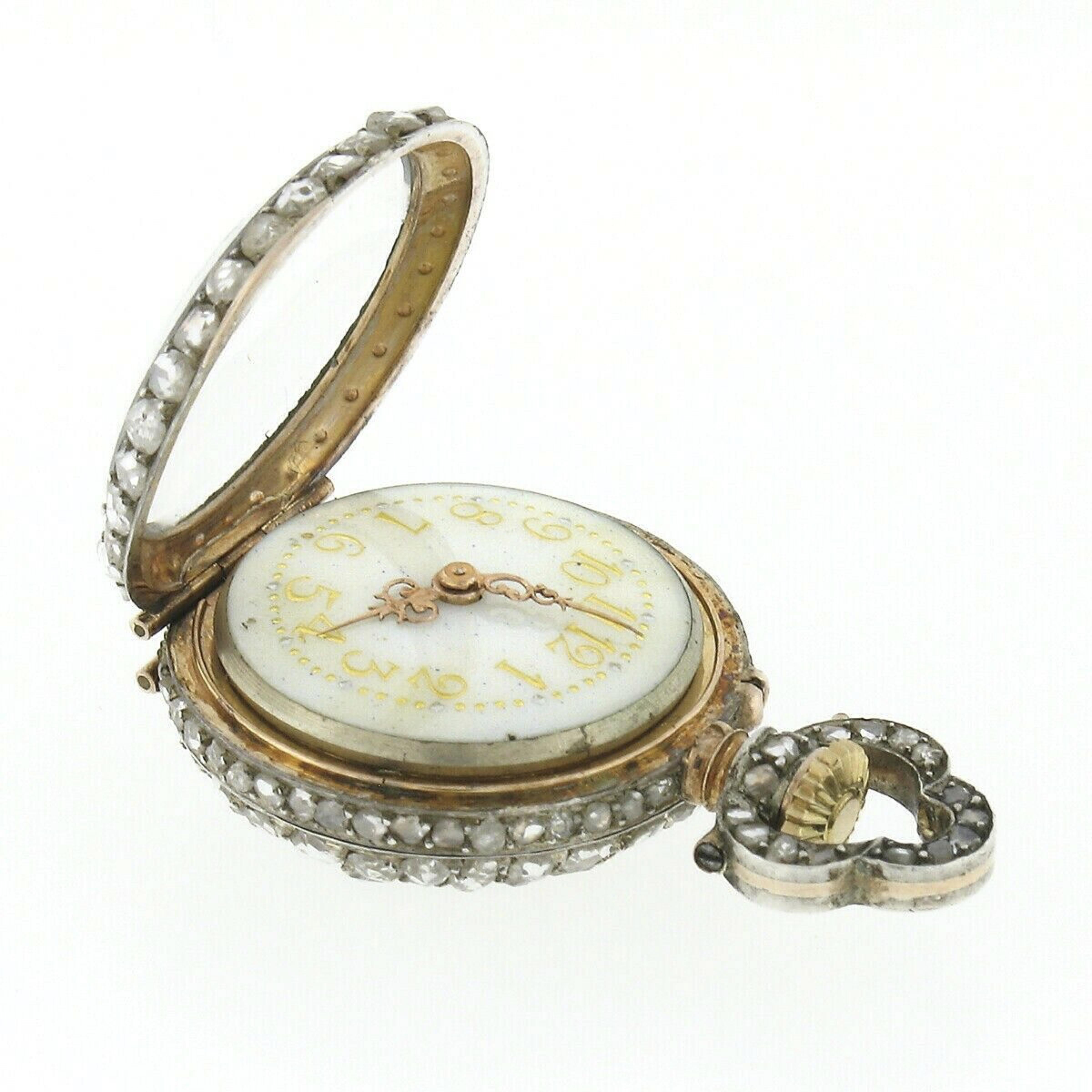 Antike französische Taschenuhr-Anhänger, 18 Karat Gold, 3,25 Karat Diamant im Rosenschliff, abgedeckt im Angebot 1