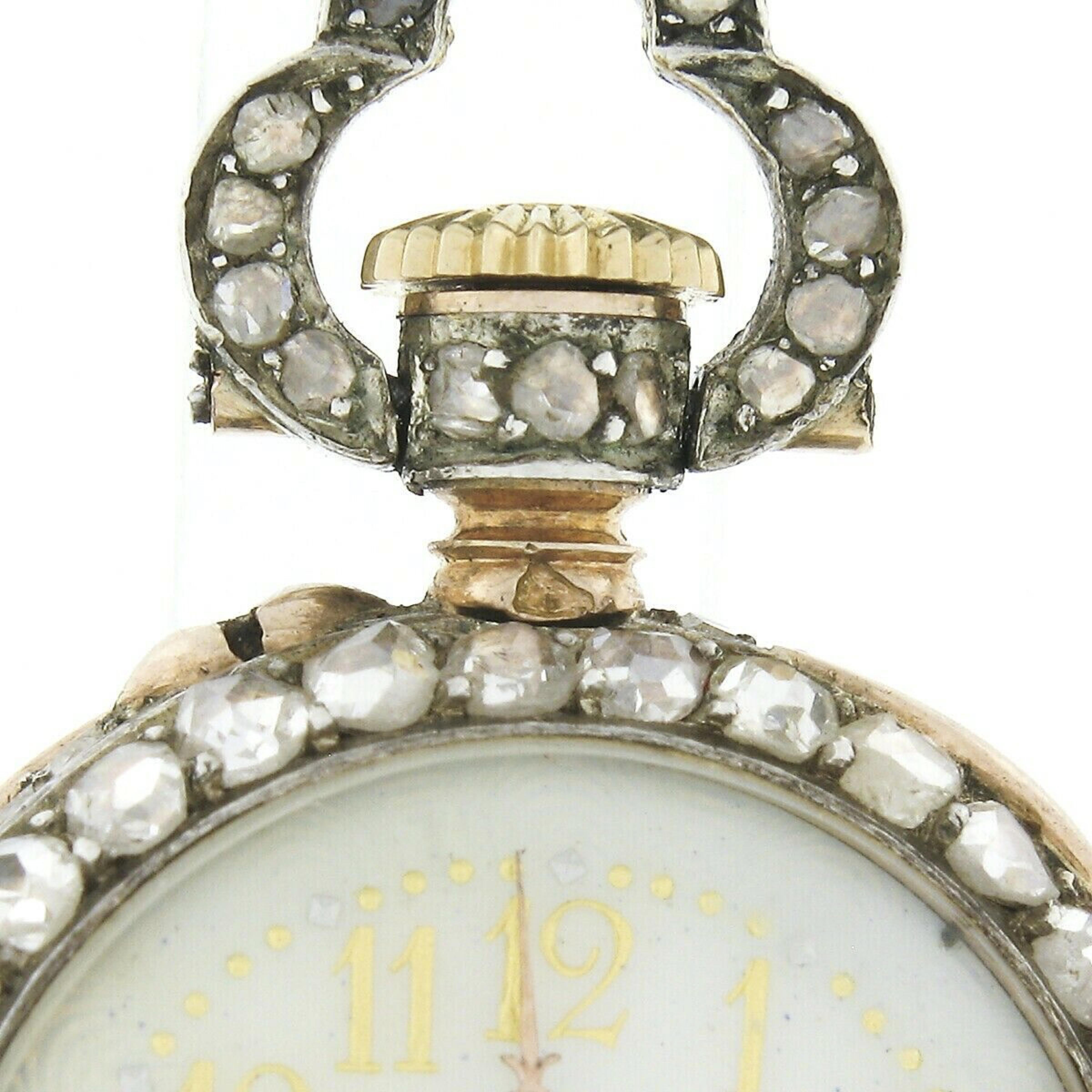 Antique French 18k Gold 3.25ctw Rose Cut Diamond Covered Pocket Watch Pendant For Sale 2