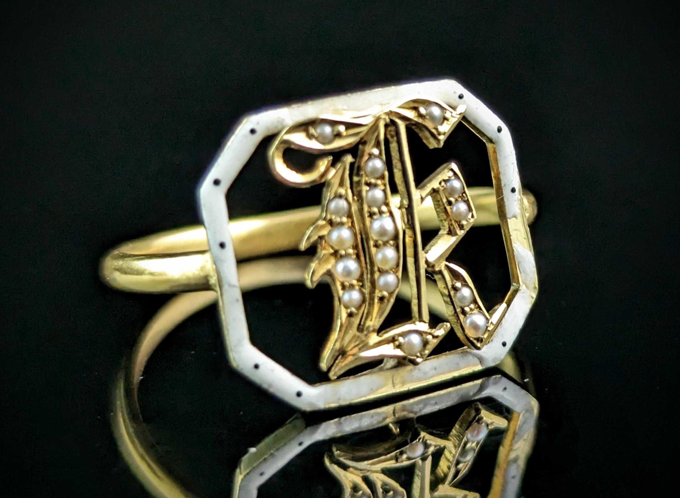 Victorian Antique French 18k gold and Pearl letter K ring, White Enamel, Conversion piece 