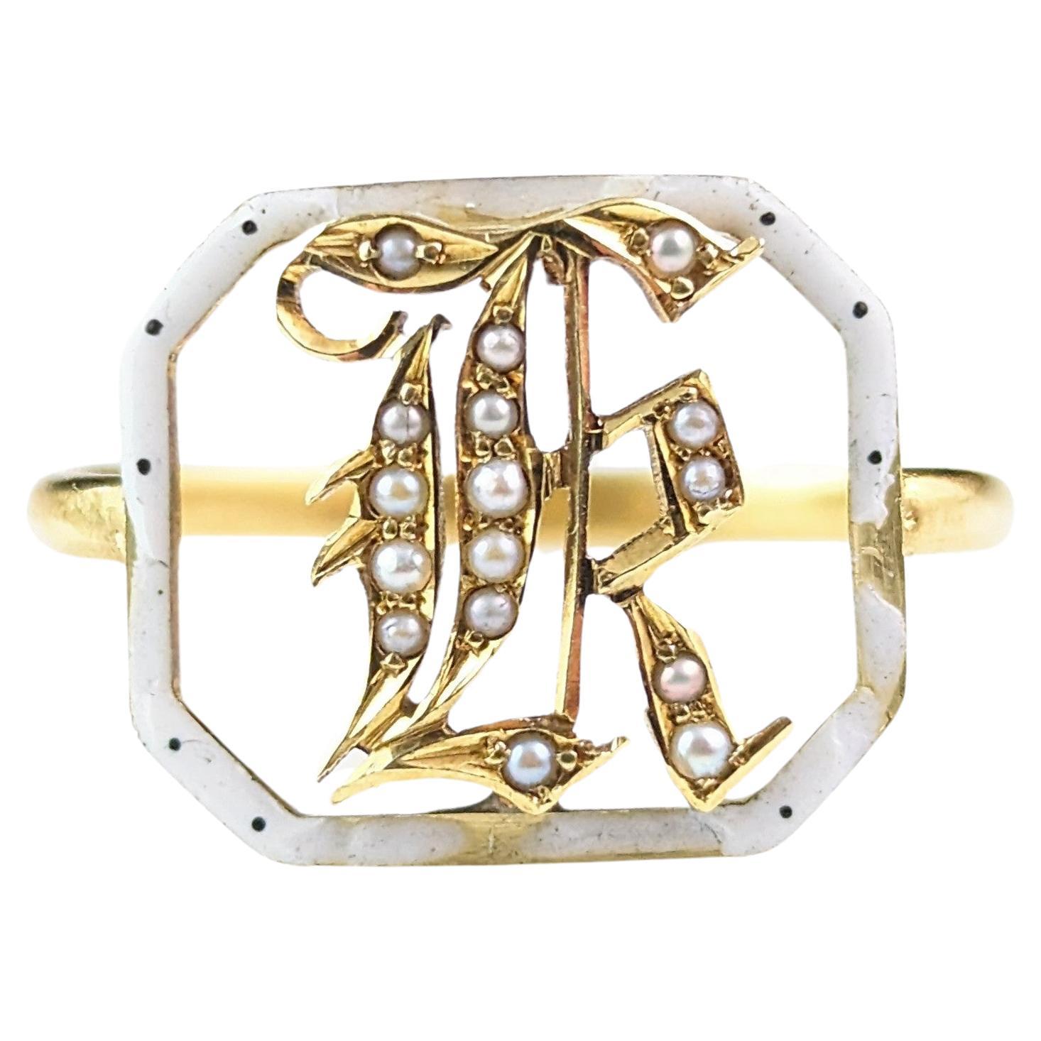 Antique French 18k gold and Pearl letter K ring, White Enamel, Conversion piece 