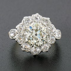 Antique French 18k Gold and Platinum 2.39ct Mine Cut Diamond Flower Cluster Ring