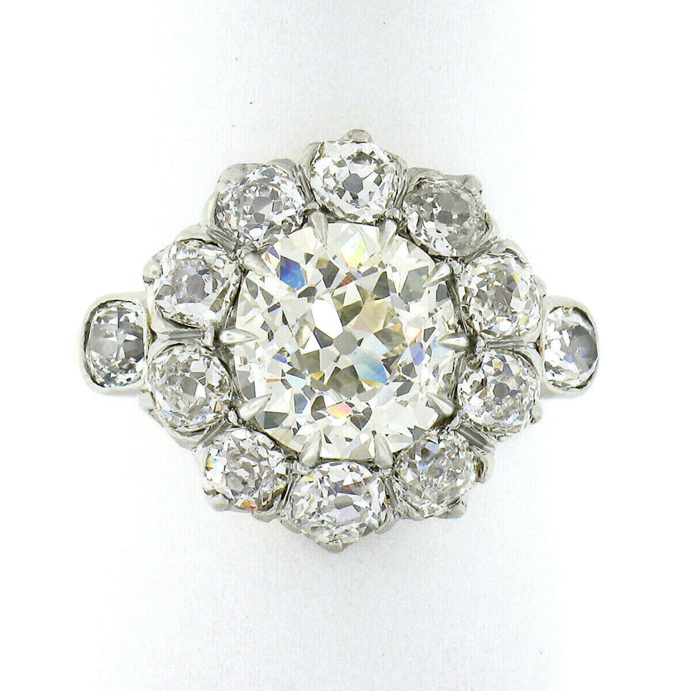 Old Mine Cut Antique French 18k Gold and Platinum 2.39ct Mine Cut Diamond Flower Cluster Ring