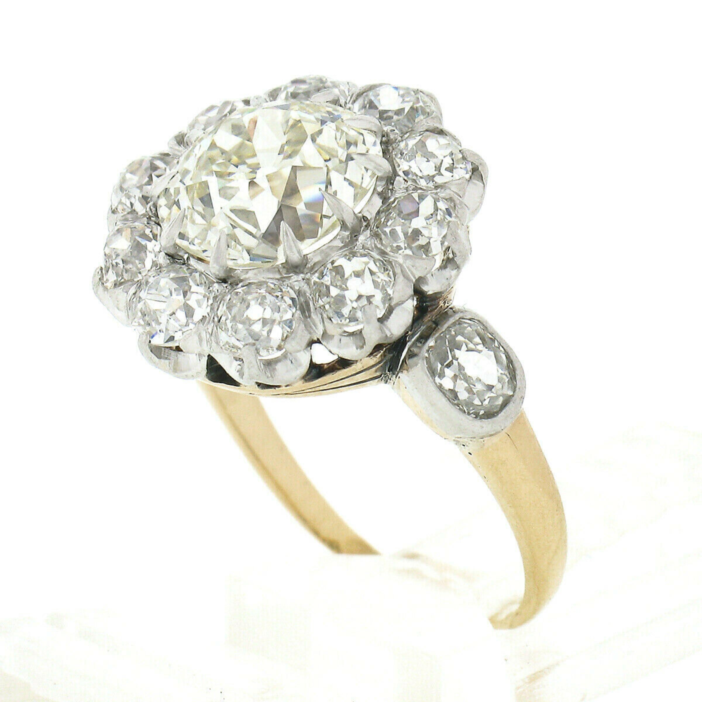 Antique French 18k Gold and Platinum 2.39ct Mine Cut Diamond Flower Cluster Ring In Good Condition In Montclair, NJ