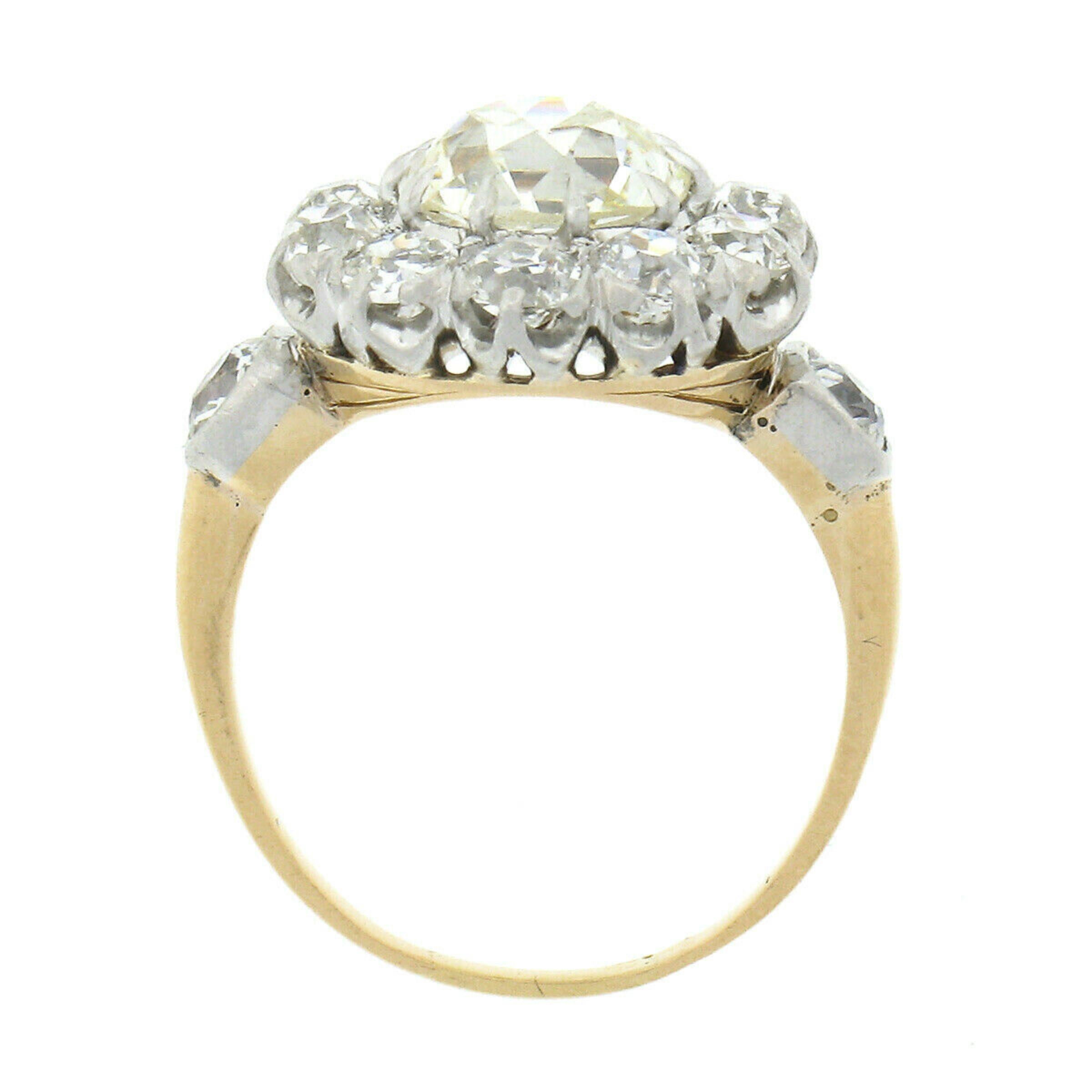 Women's Antique French 18k Gold and Platinum 2.39ct Mine Cut Diamond Flower Cluster Ring