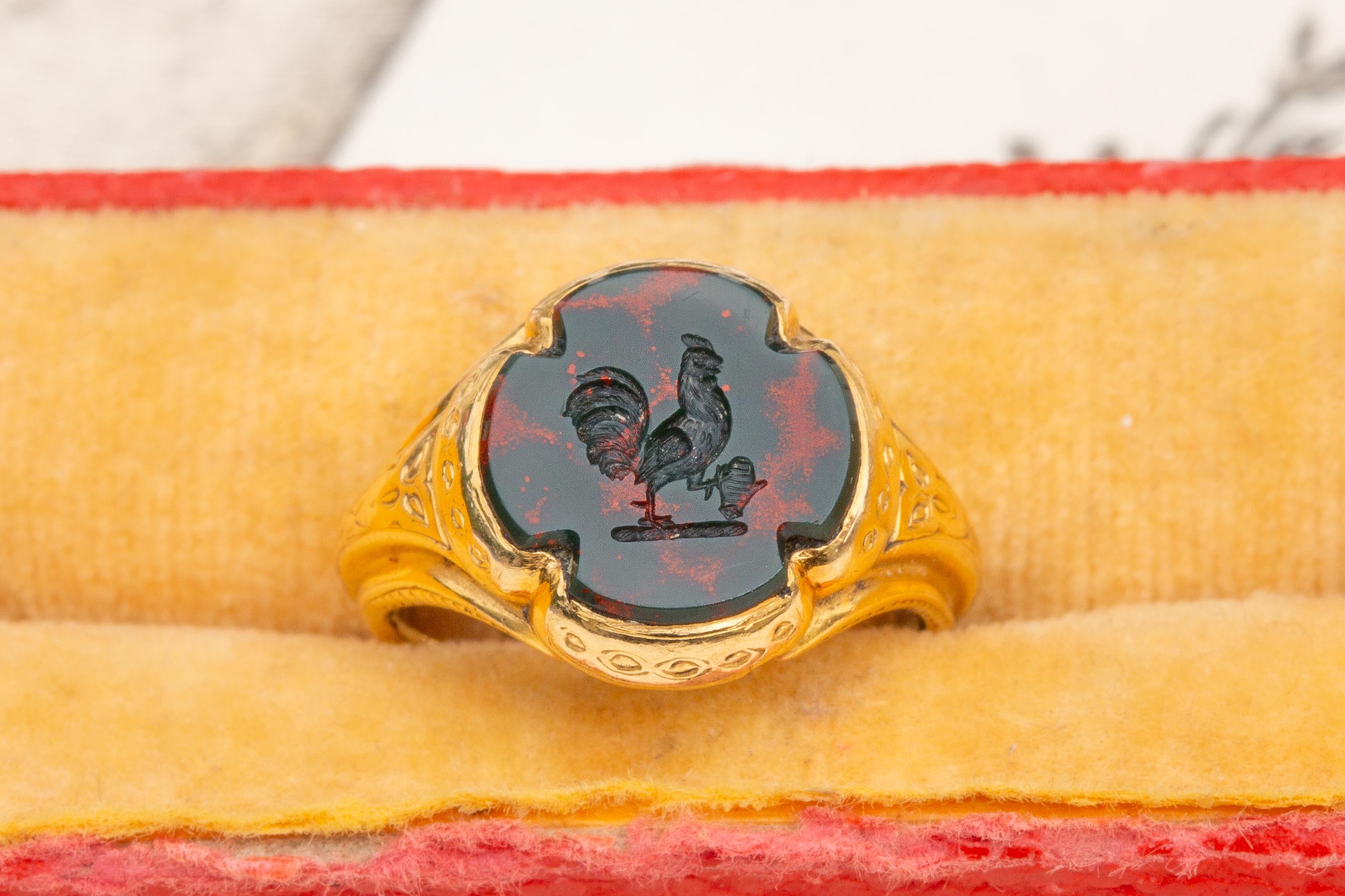 Antique French 18K Gold Bloodstone Intaglio Signet Seal Pinky Ring Victorian  3