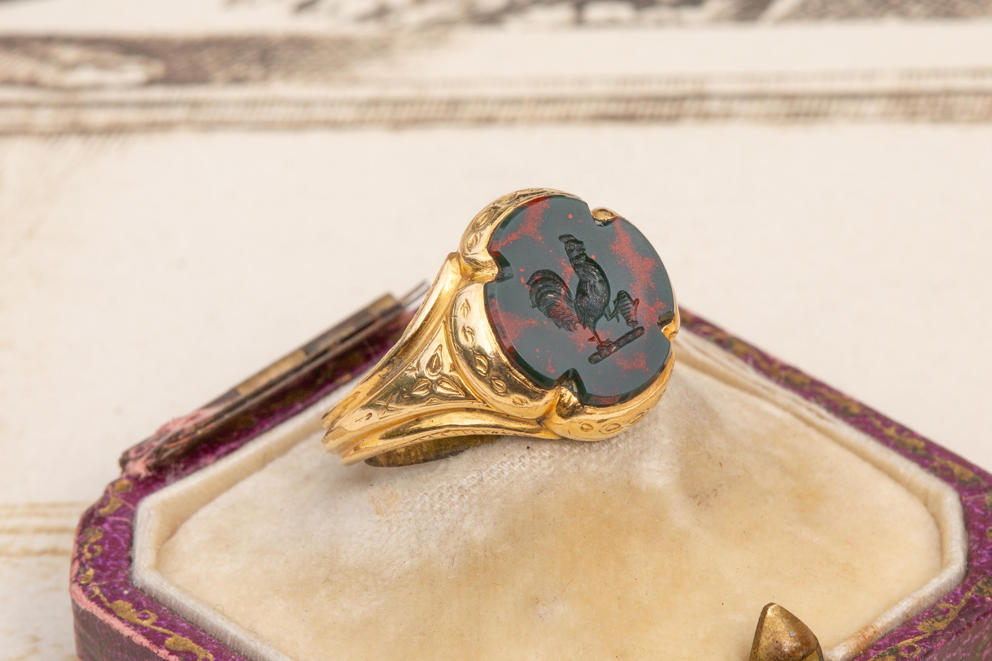 Antique French 18K Gold Bloodstone Intaglio Signet Seal Pinky Ring Victorian 5