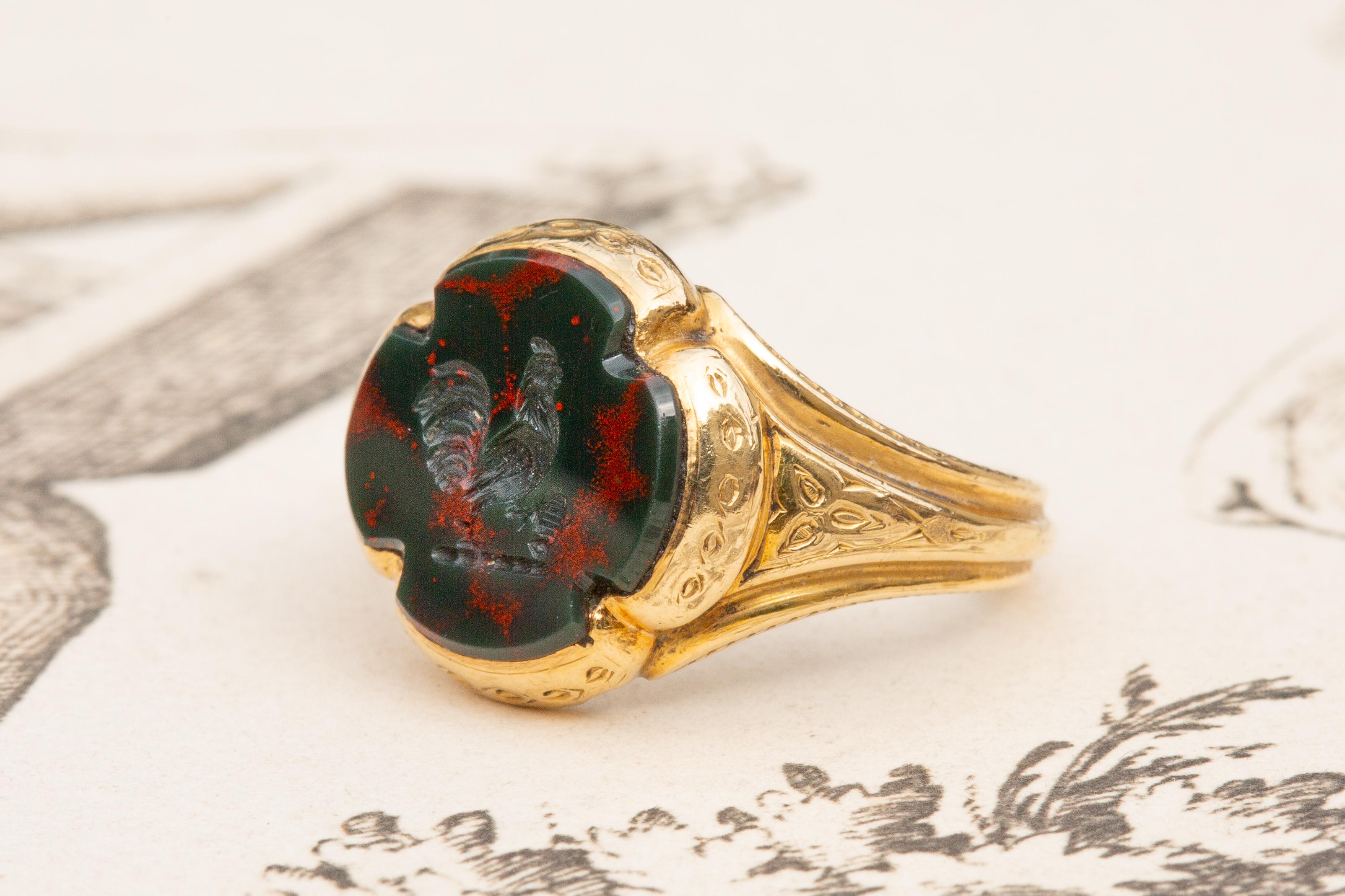 Antique French 18K Gold Bloodstone Intaglio Signet Seal Pinky Ring Victorian  6