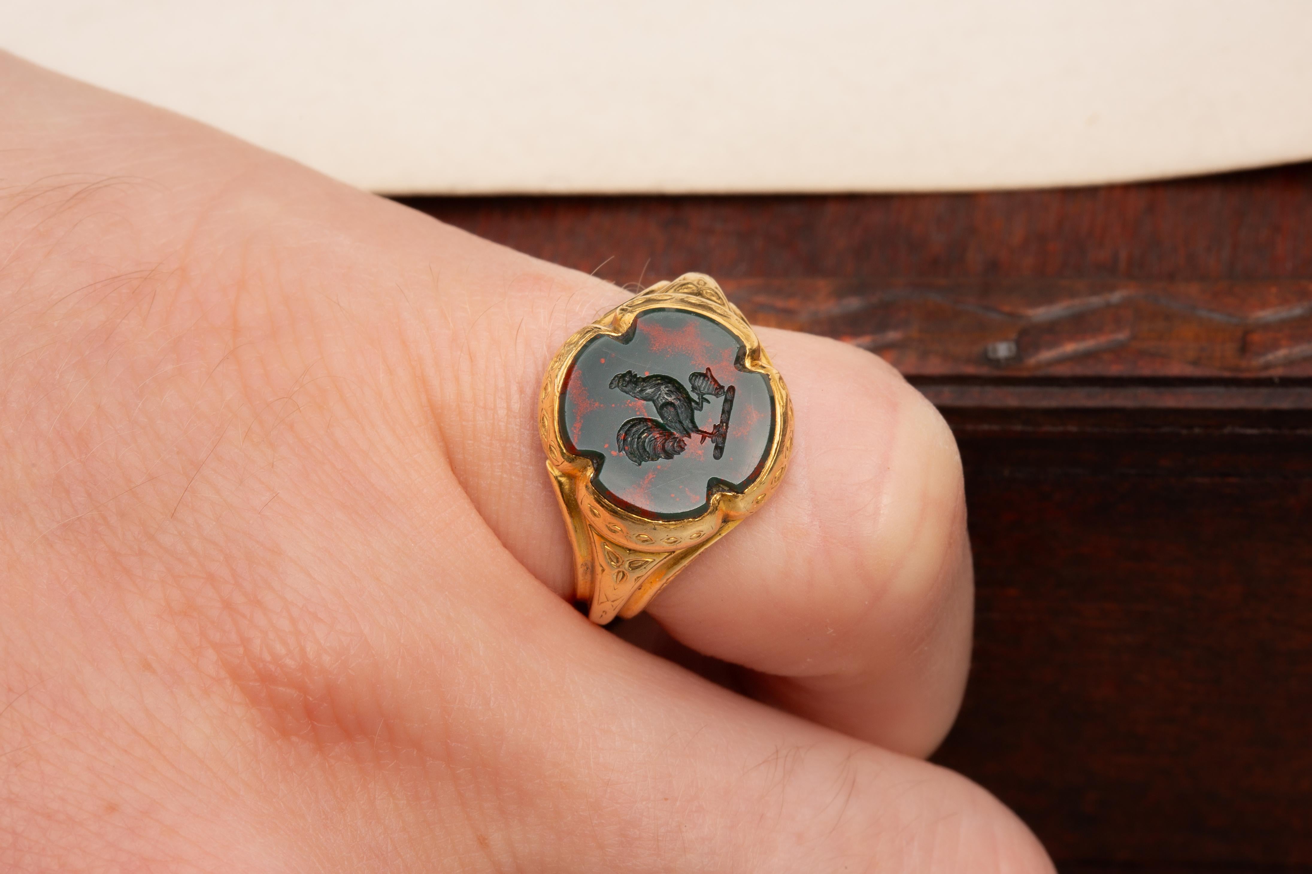 Antique French 18K Gold Bloodstone Intaglio Signet Seal Pinky Ring Victorian  9