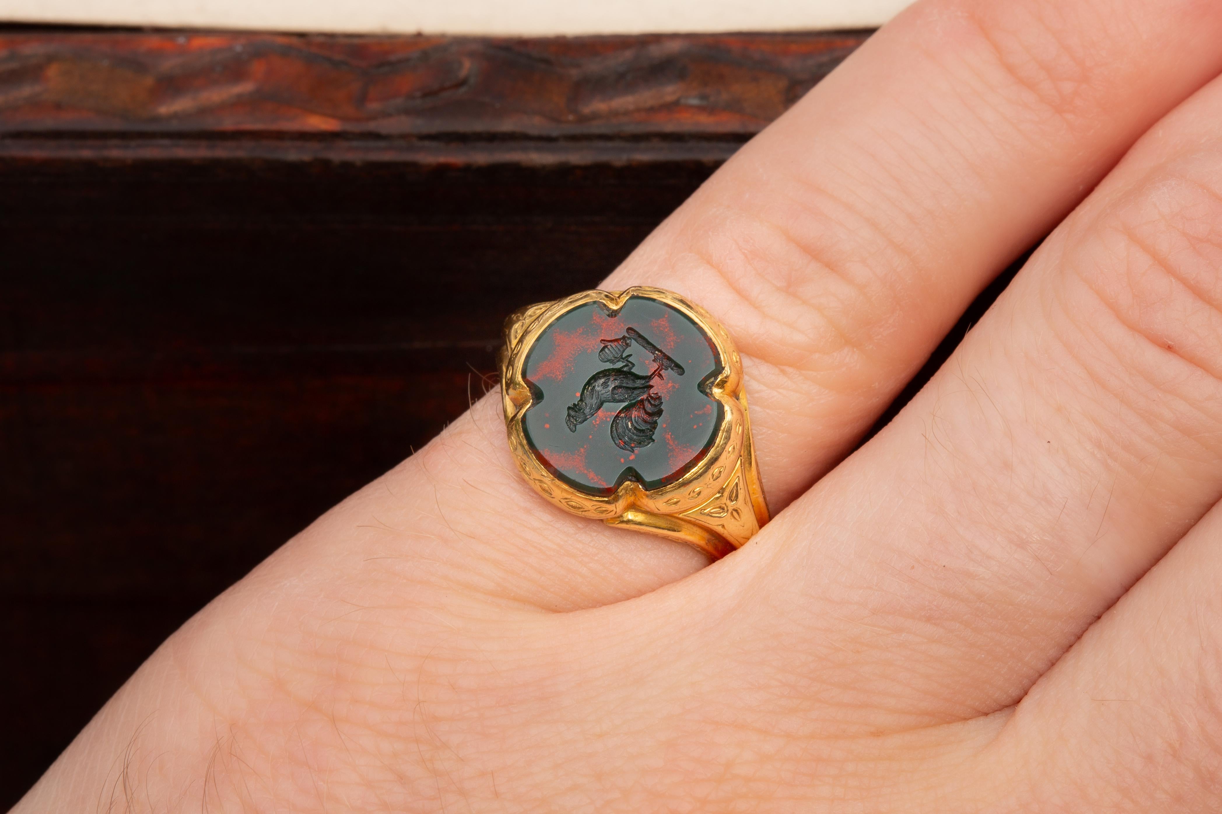 Antique French 18K Gold Bloodstone Intaglio Signet Seal Pinky Ring Victorian  10