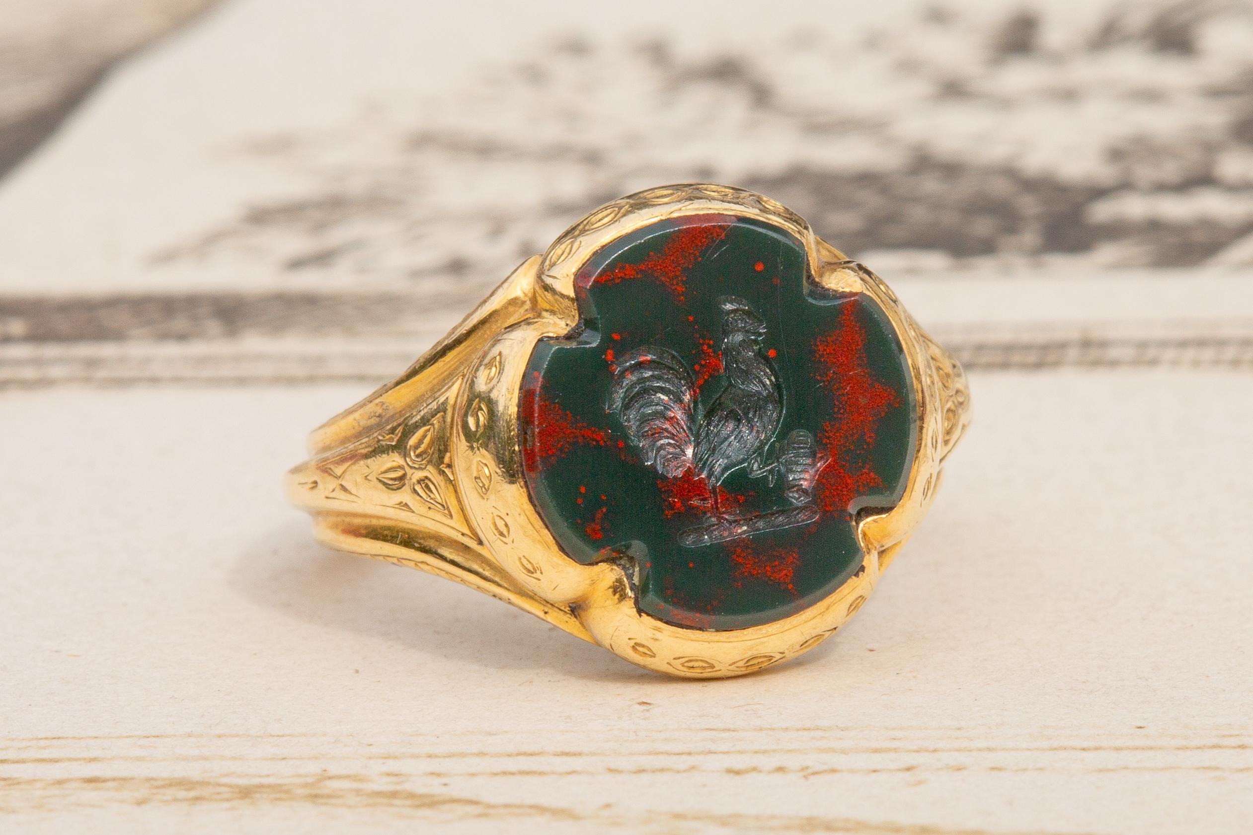 Antique French 18K Gold Bloodstone Intaglio Signet Seal Pinky Ring Victorian  1