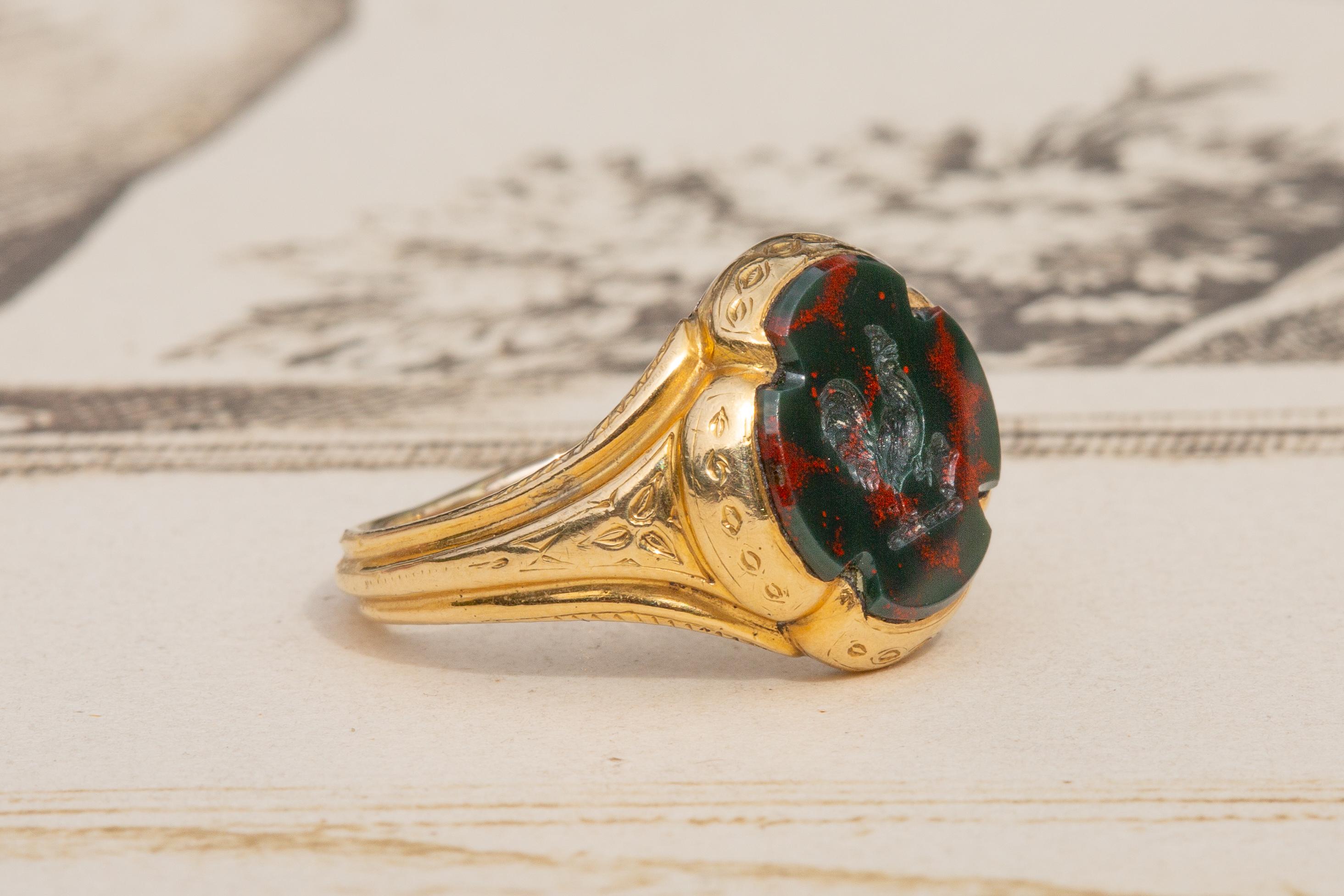 Antique French 18K Gold Bloodstone Intaglio Signet Seal Pinky Ring Victorian  2