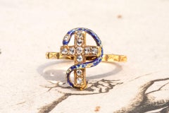 Antique French 18K Gold Blue Enamel Rose Cut Diamond Snake Cross Ring Victorian