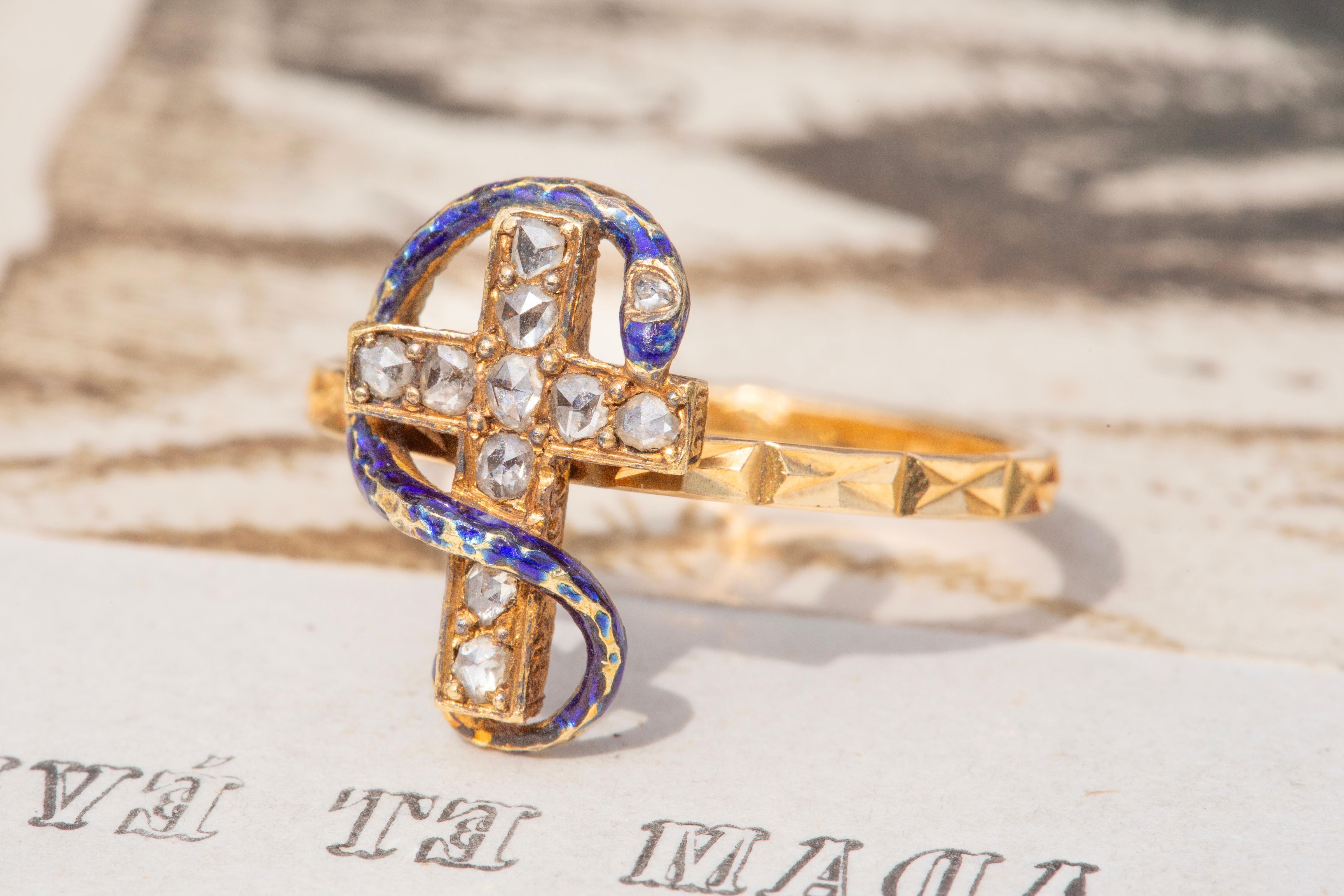 Antique French 18K Gold Blue Enamel Rose Cut Diamond Snake Cross Ring Victorian  In Good Condition In London, GB