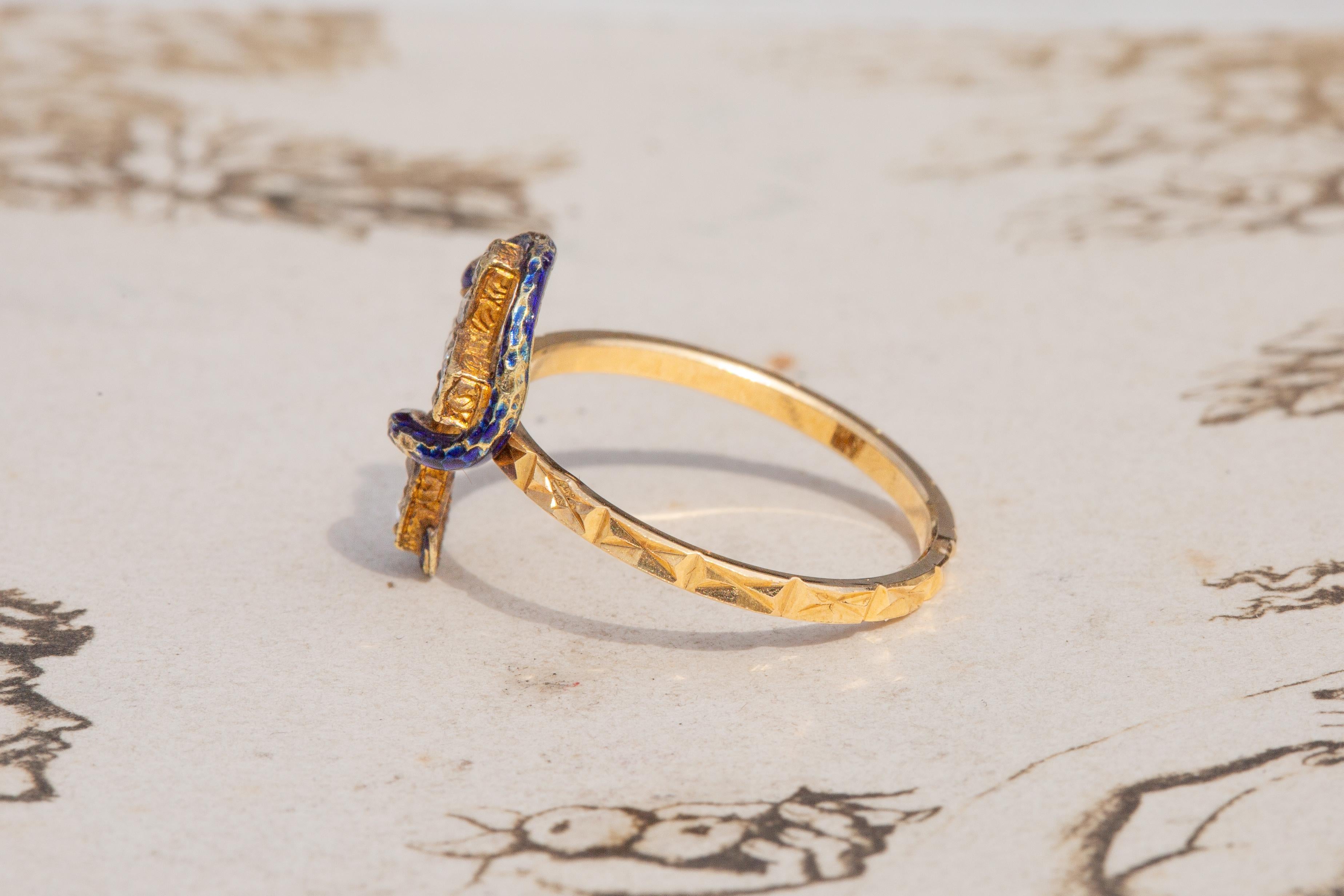 Women's or Men's Antique French 18K Gold Blue Enamel Rose Cut Diamond Snake Cross Ring Victorian 