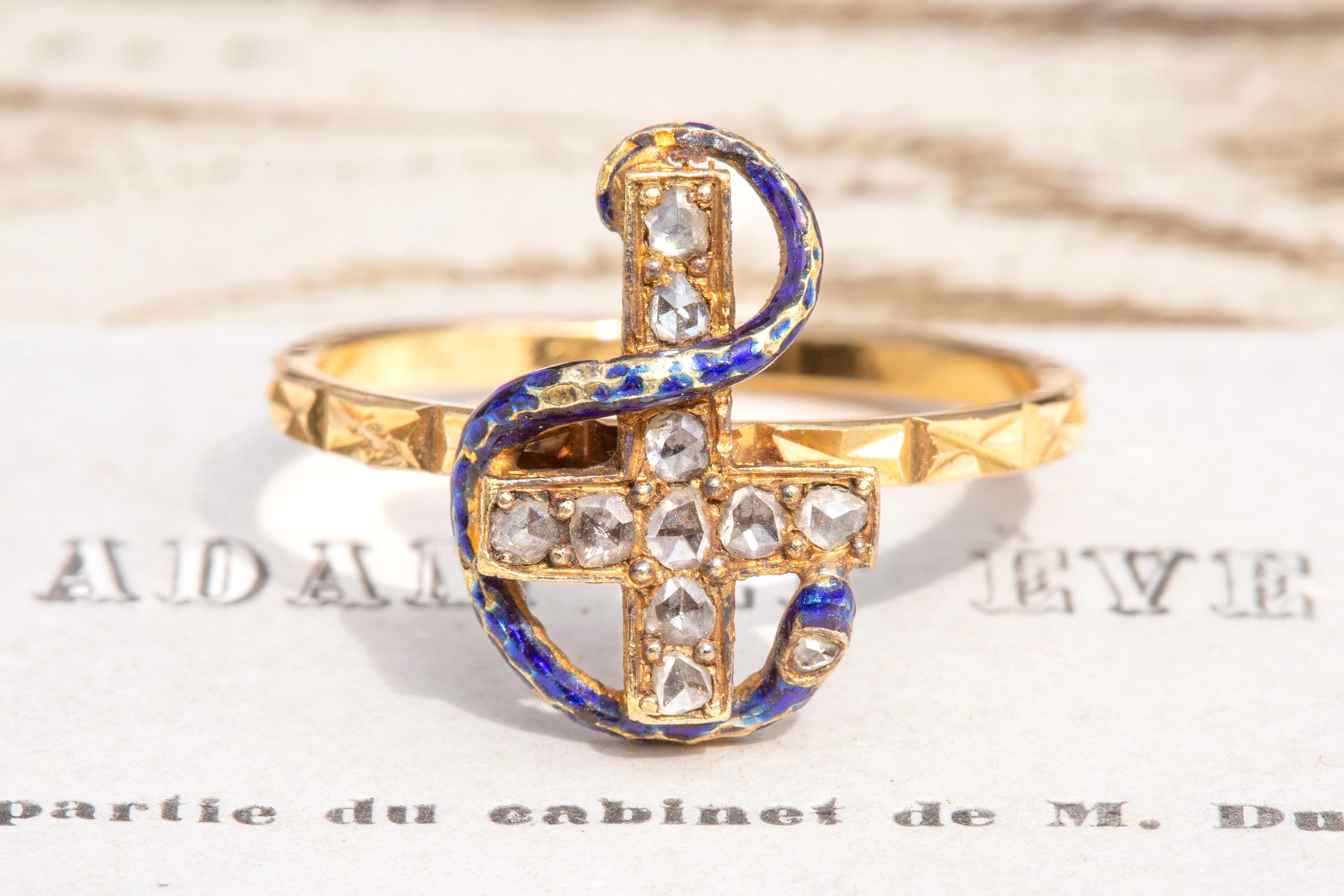 Antique French 18K Gold Blue Enamel Rose Cut Diamond Snake Cross Ring Victorian  1