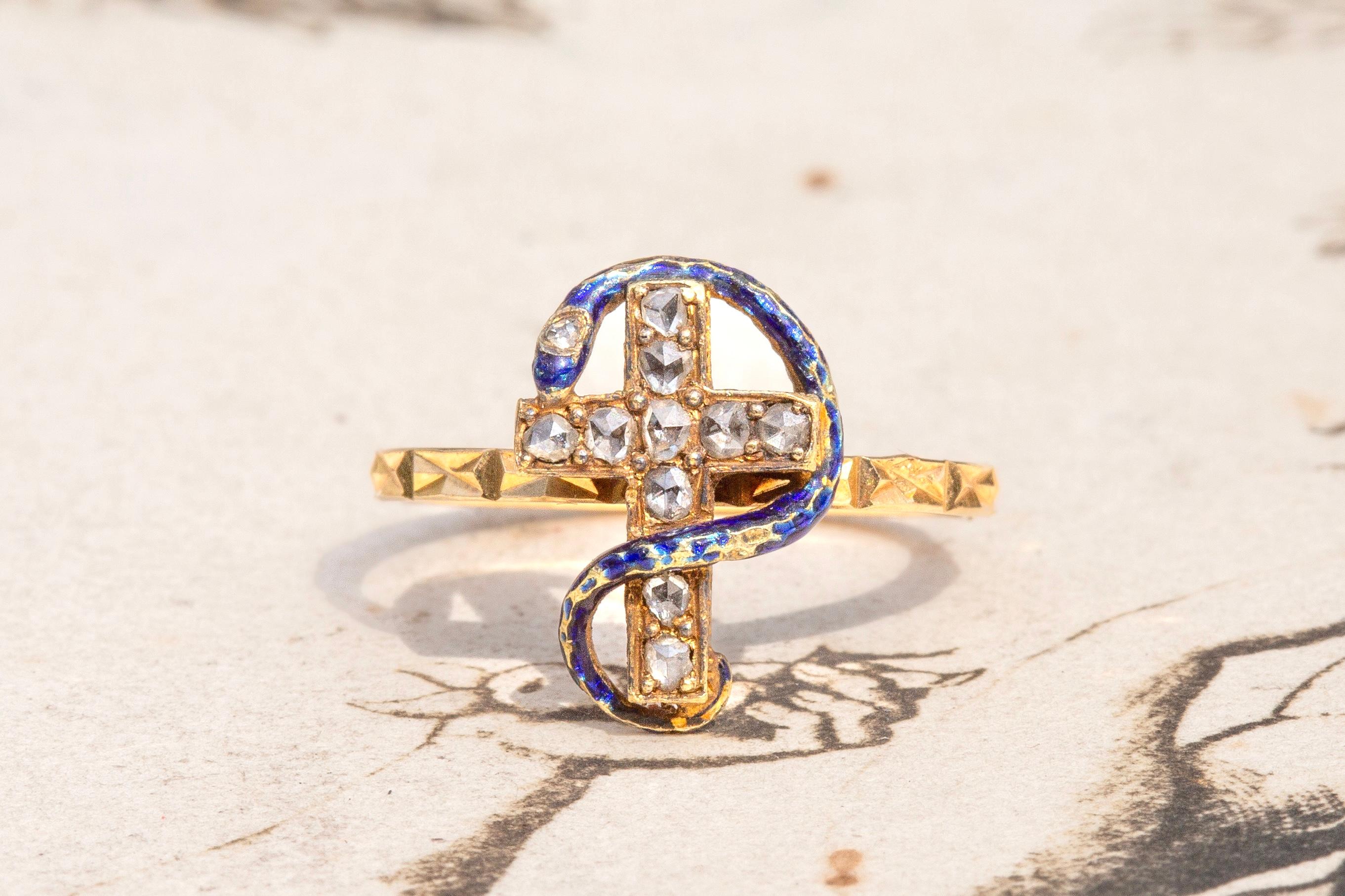 Antique French 18K Gold Blue Enamel Rose Cut Diamond Snake Cross Ring Victorian  2