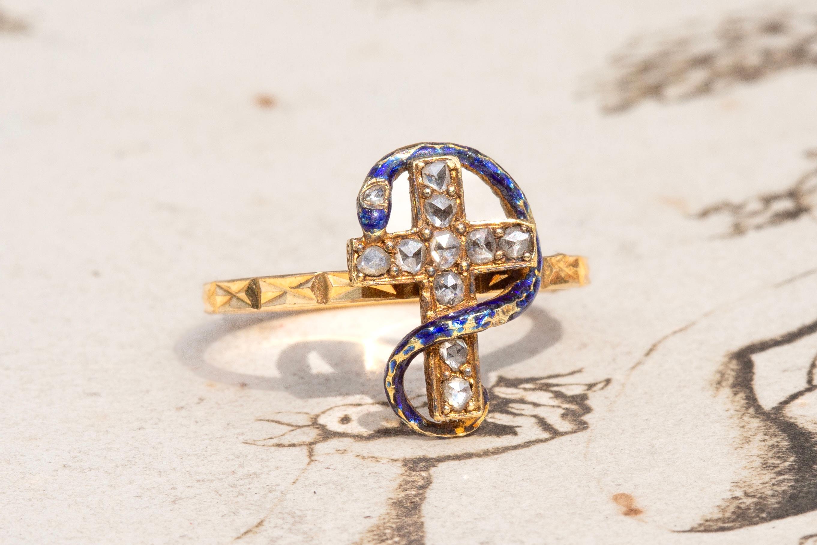 Antique French 18K Gold Blue Enamel Rose Cut Diamond Snake Cross Ring Victorian  3