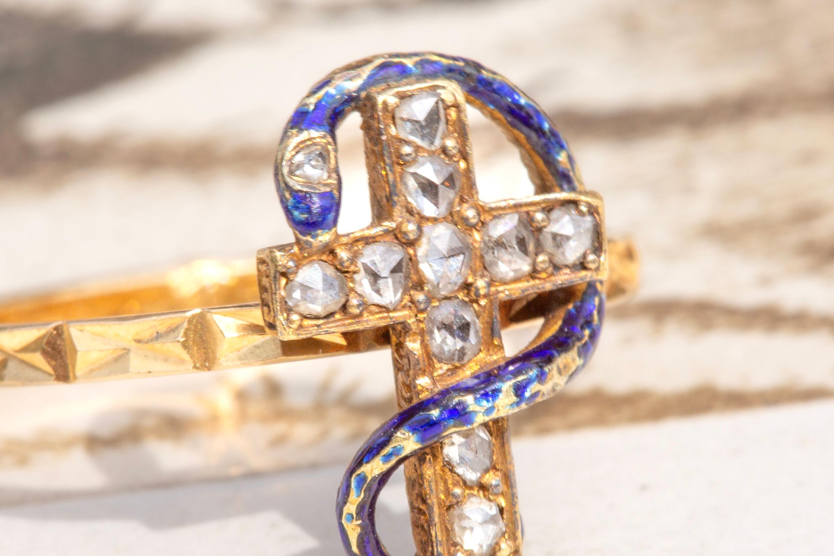 Antique French 18K Gold Blue Enamel Rose Cut Diamond Snake Cross Ring Victorian  4
