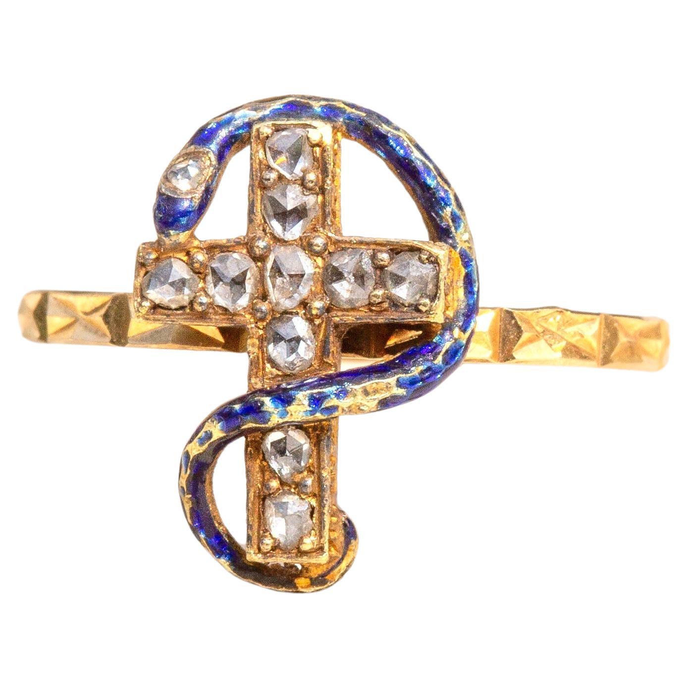Antique French 18K Gold Blue Enamel Rose Cut Diamond Snake Cross Ring Victorian 