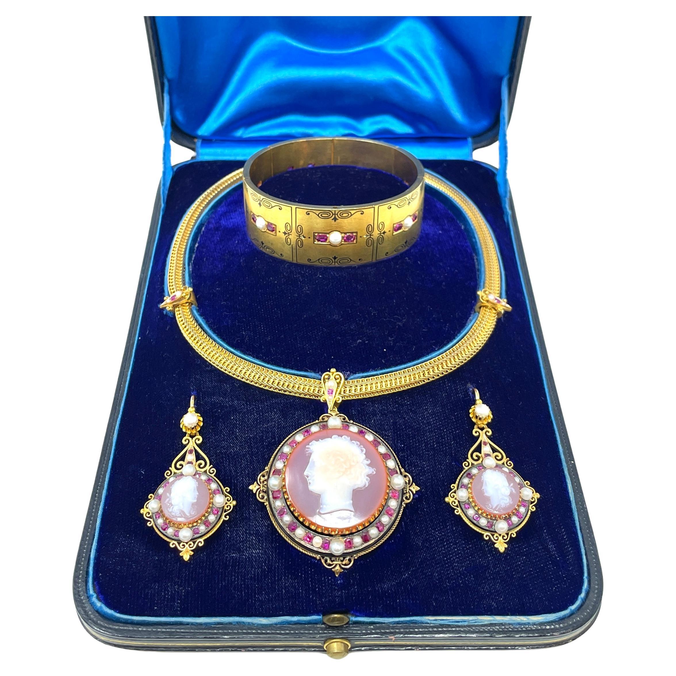 Antique French 18K Gold Cameo Demi Parure with Rubies and Pearls