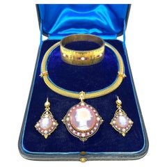 Antique French 18K Gold Cameo Demi Parure with Rubies and Pearls