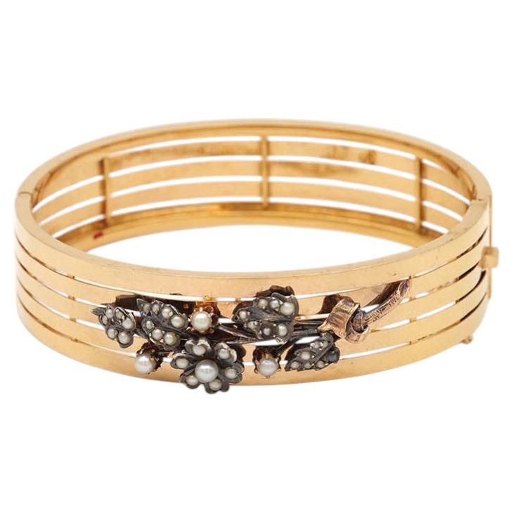 Antique French 18K Gold Cuff Bracelet with Pearls