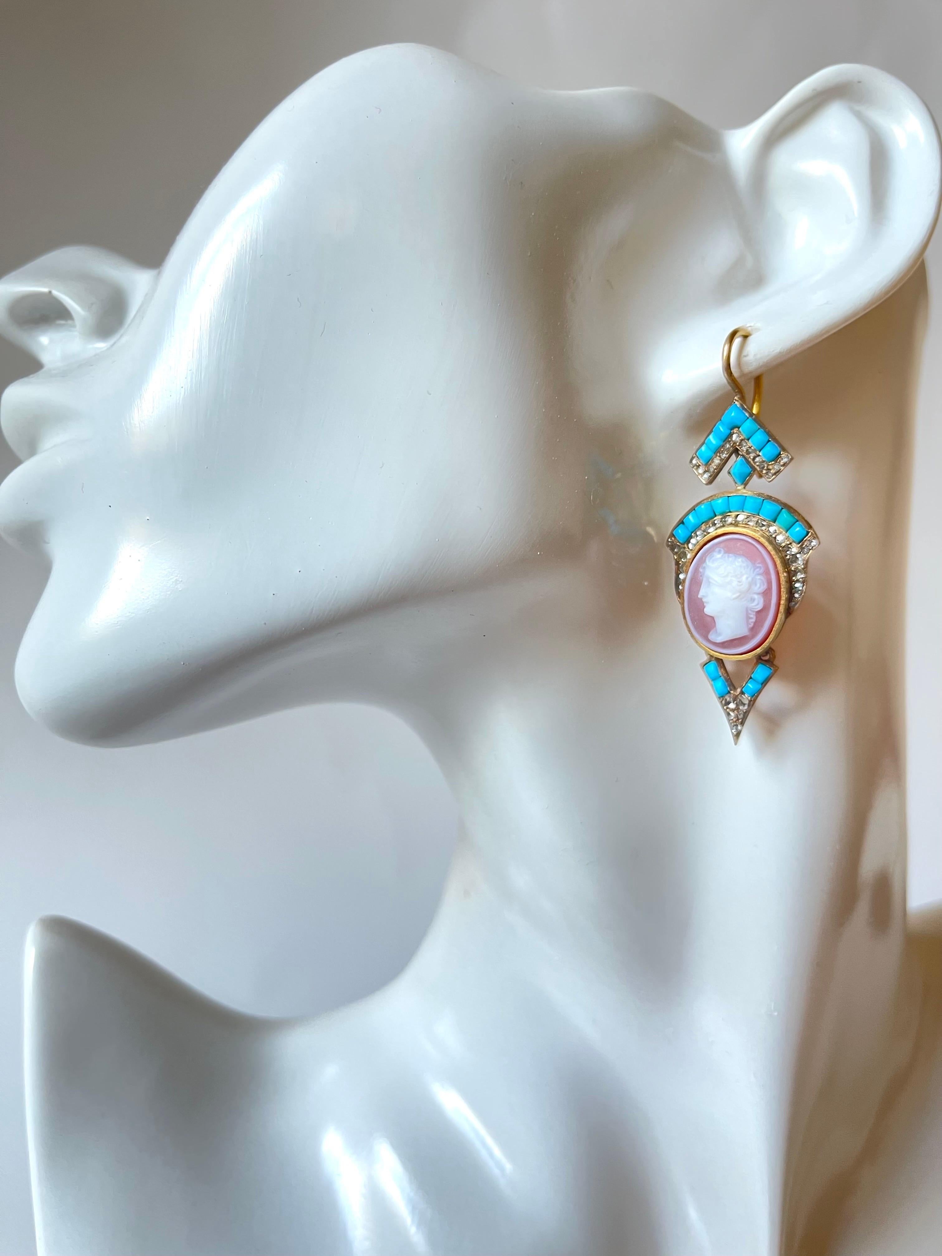 A very fine quality C 1880 French 18K YG pendant earrings with a rare and unusual combination of colors and shapes. The drops are centered with delicately carved classical agate cameos and highlighted by rose cut diamonds and cushion carved natural
