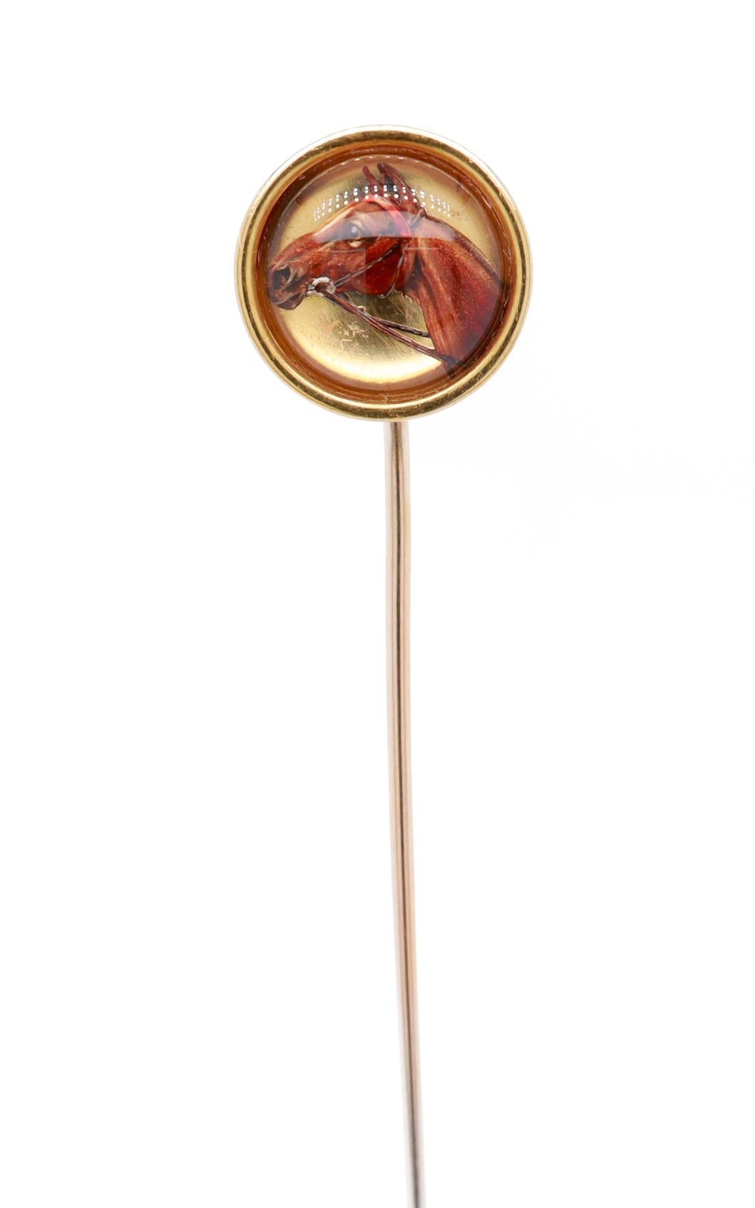 Round Cut Antique French 18K Gold & Essex Crystal Equestrian Stick Pin