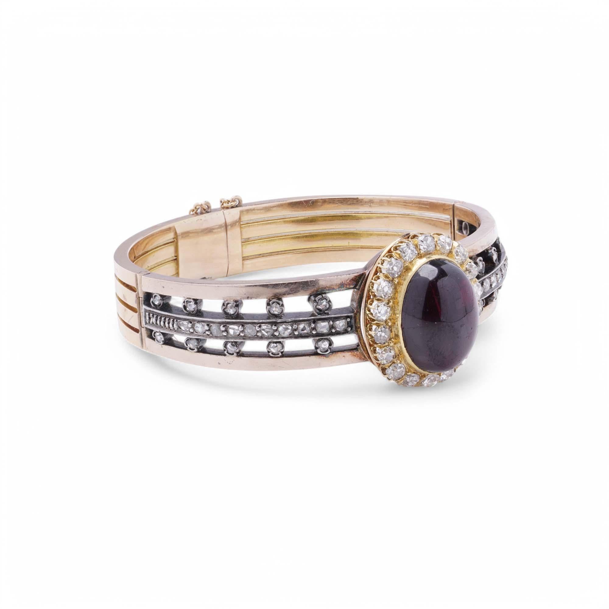 Antique French 18K Gold Garnet and Diamond Bangle For Sale 6