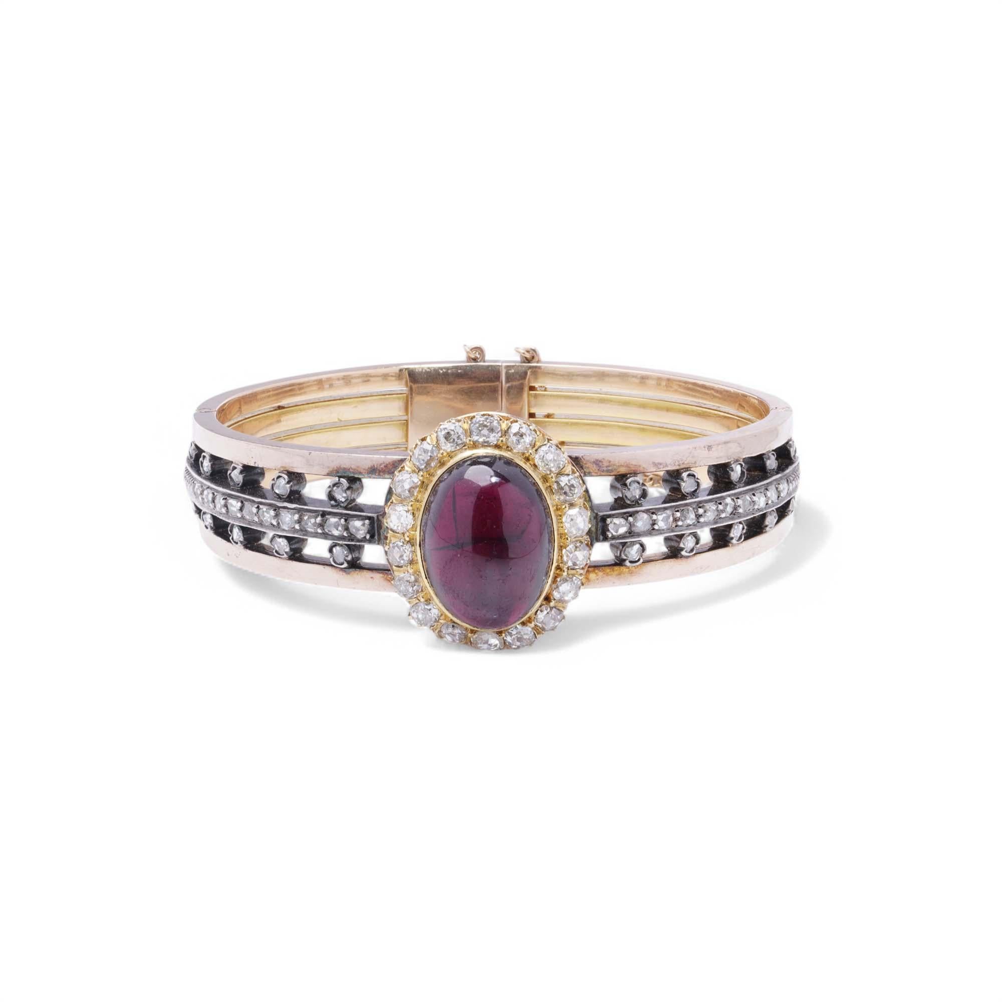 Victorian Antique French 18K Gold Garnet and Diamond Bangle For Sale