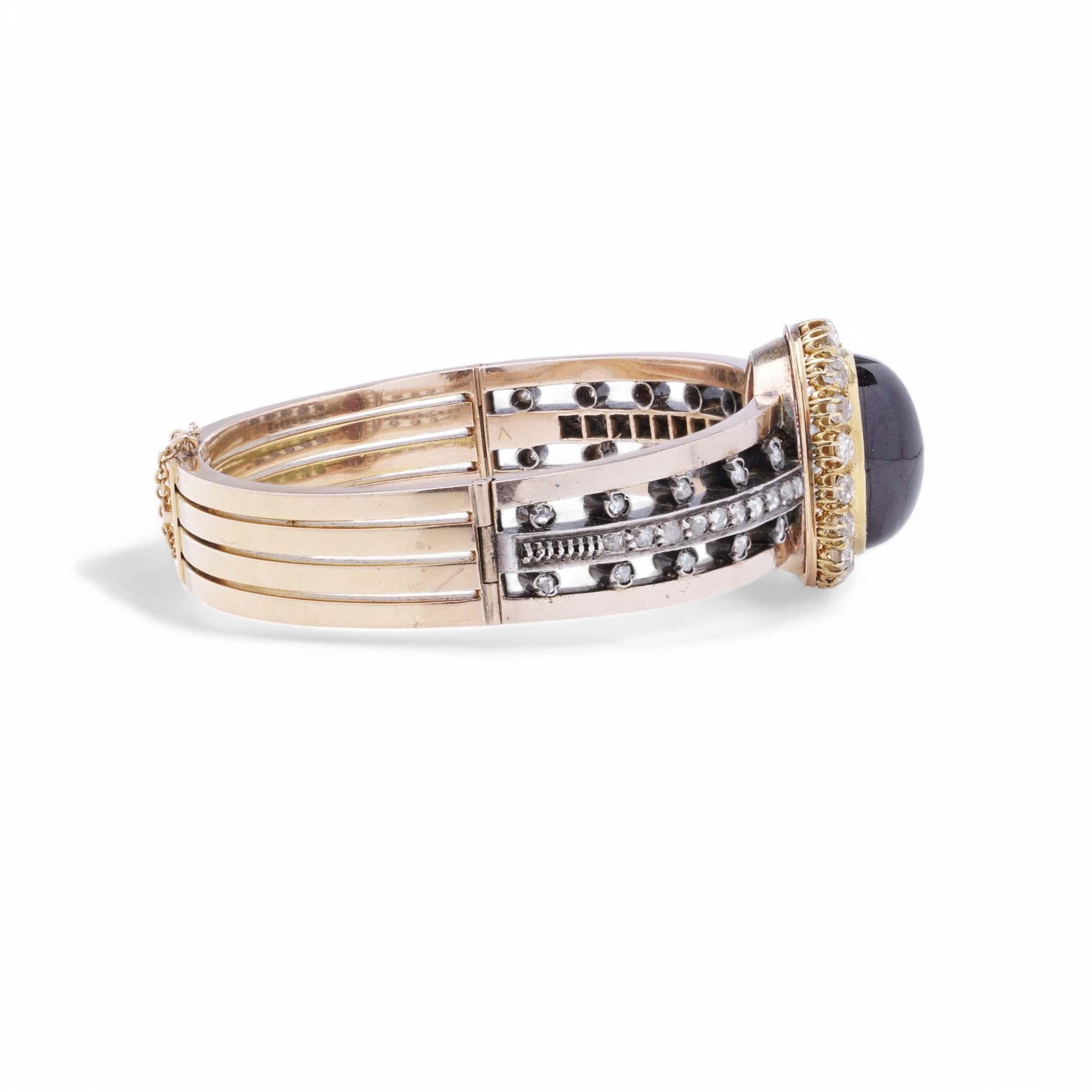 Antique French 18K Gold Garnet and Diamond Bangle For Sale 1