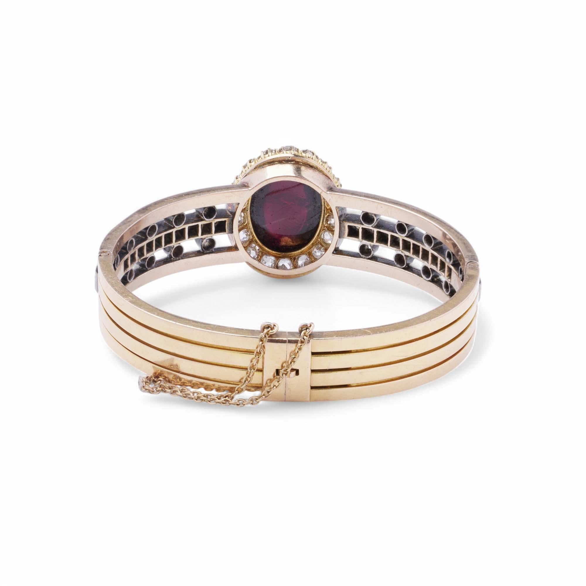 Antique French 18K Gold Garnet and Diamond Bangle For Sale 2