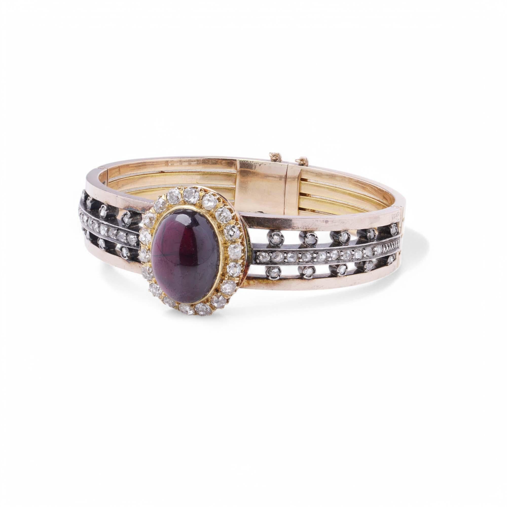 Antique French 18K Gold Garnet and Diamond Bangle For Sale 3