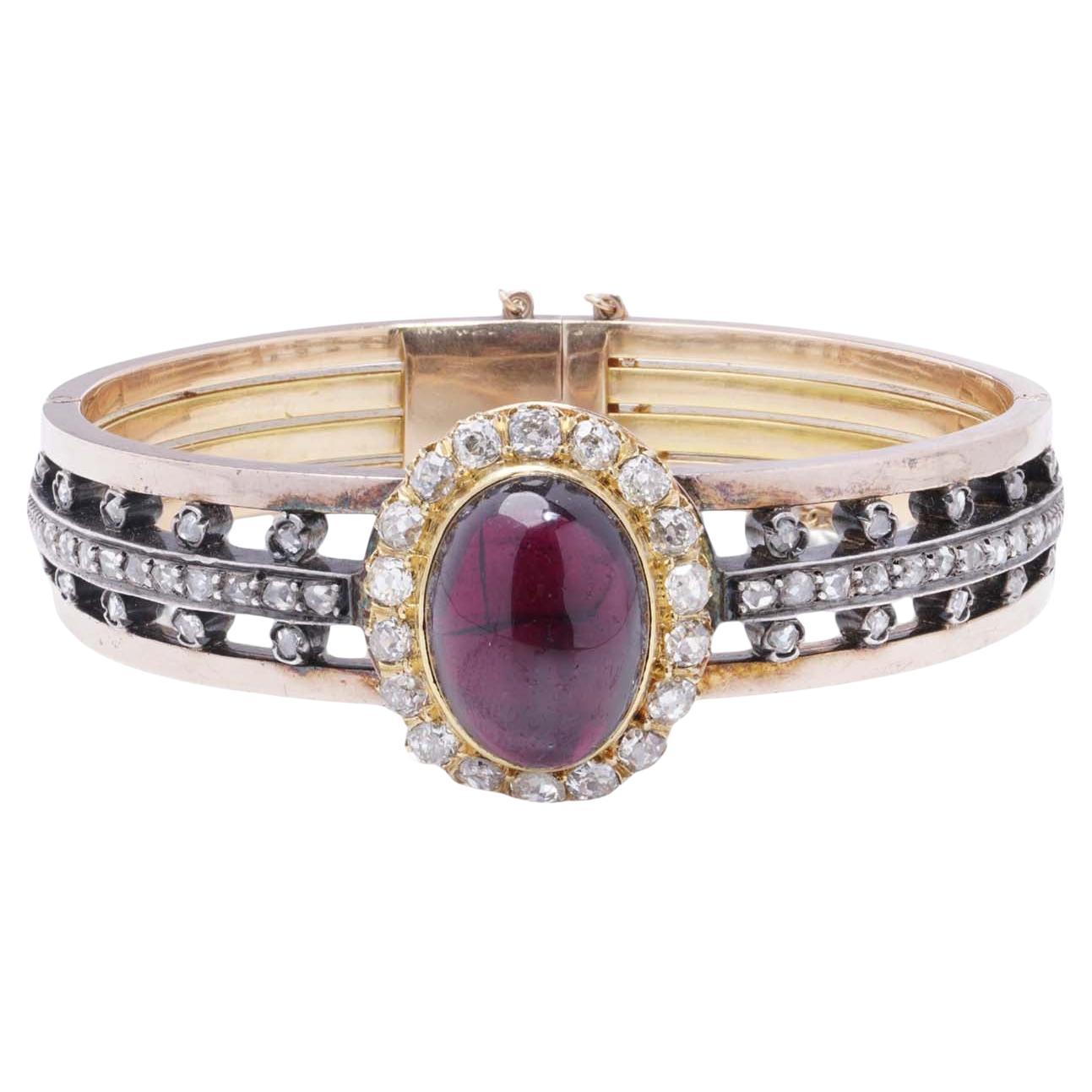 Antique French 18K Gold Garnet and Diamond Bangle