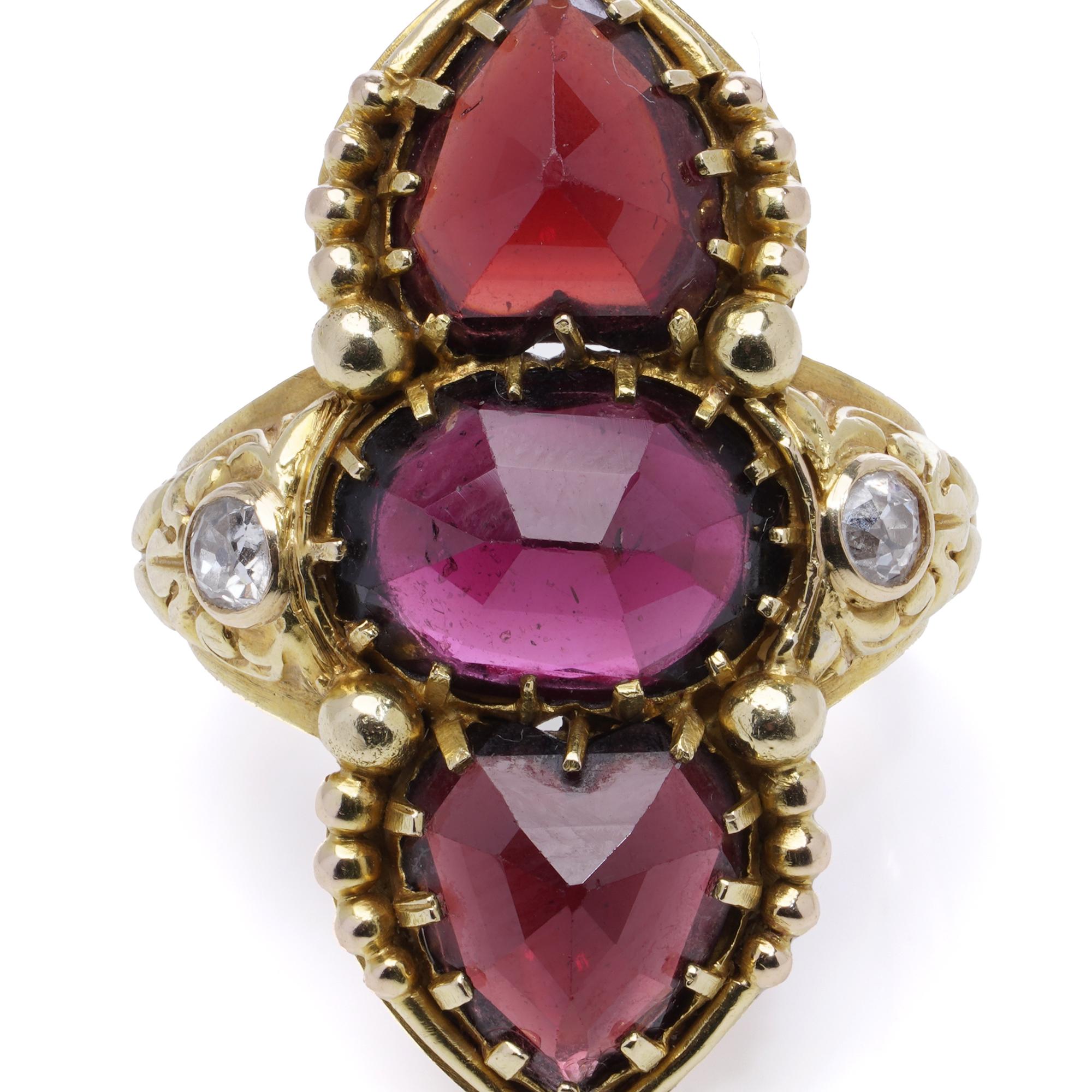 Victorian Antique French 18K Gold Garnet and Diamond Navette Ring