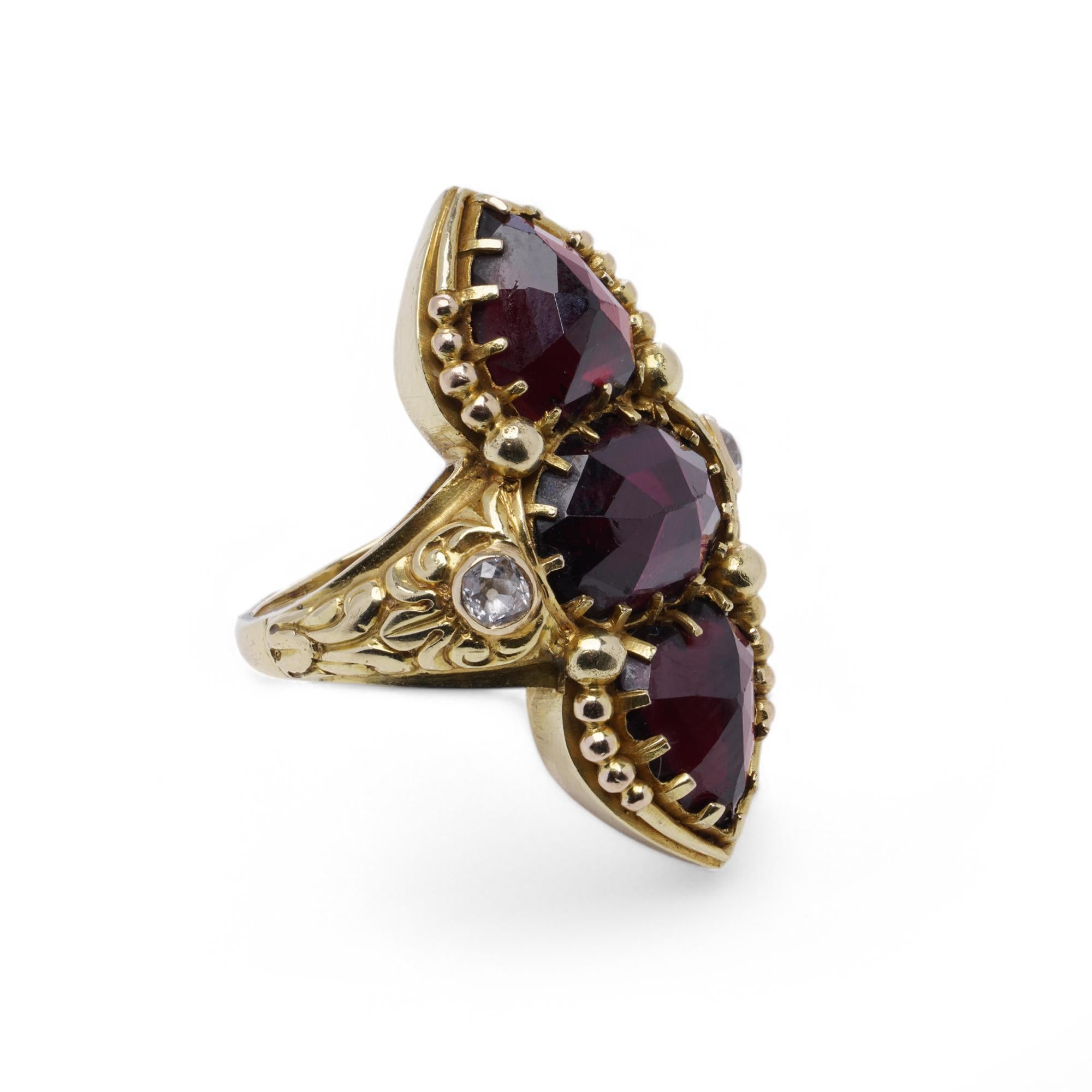 Old European Cut Antique French 18K Gold Garnet and Diamond Navette Ring