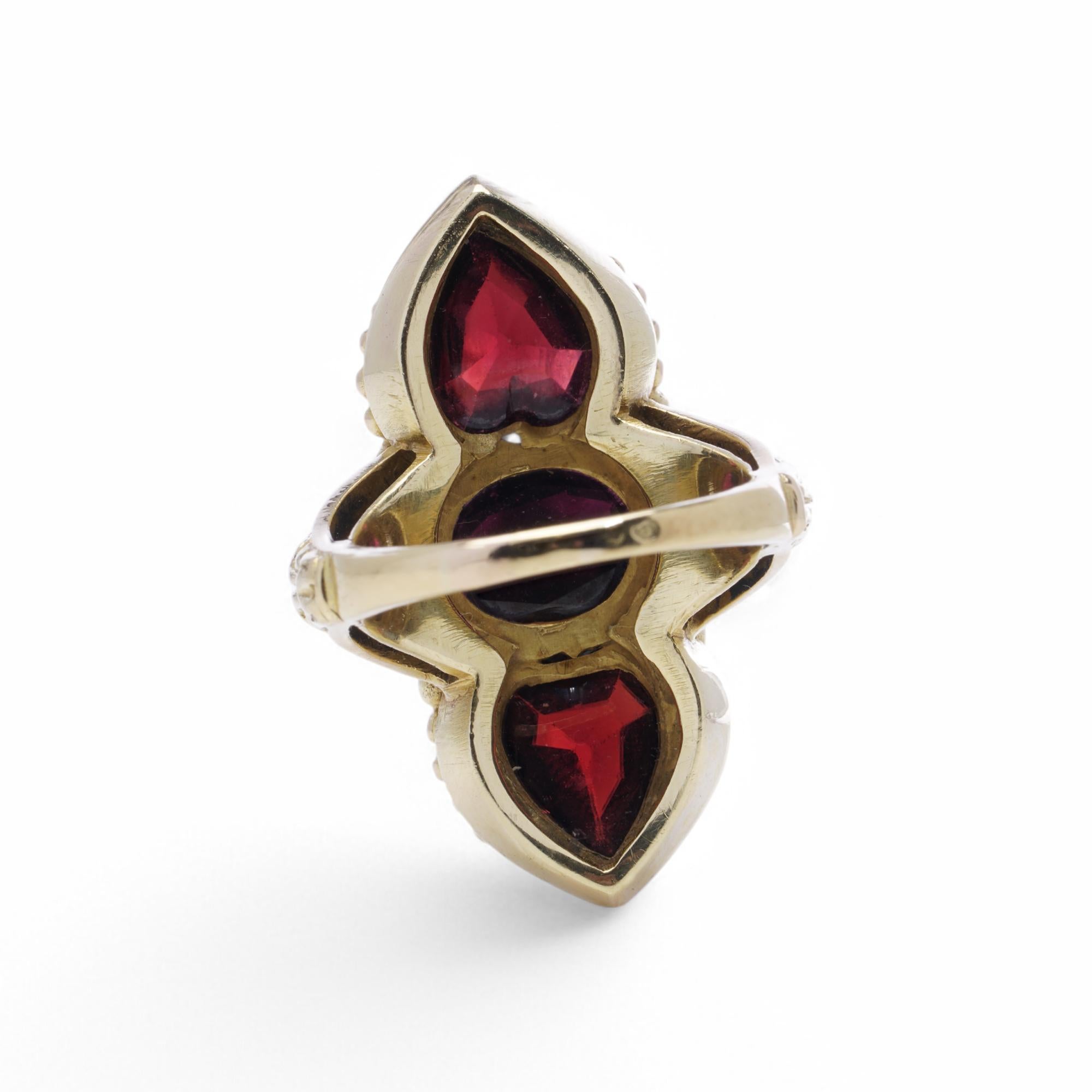 Women's Antique French 18K Gold Garnet and Diamond Navette Ring
