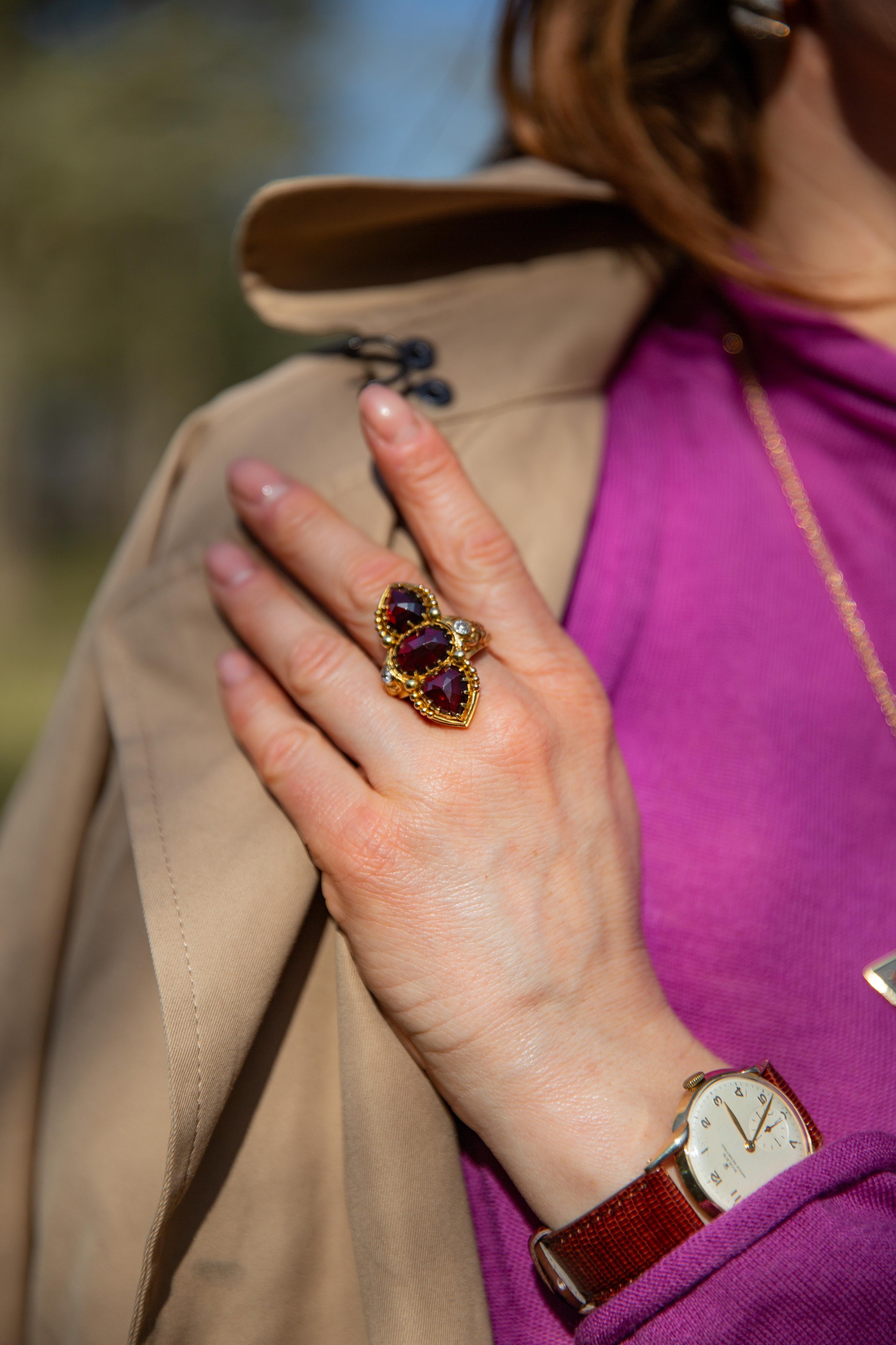 Antique French 18K Gold Garnet and Diamond Navette Ring 1