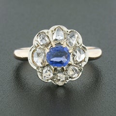 Antique French 18k Gold GIA Burma No Heat Sapphire & Diamond Flower Cluster Ring