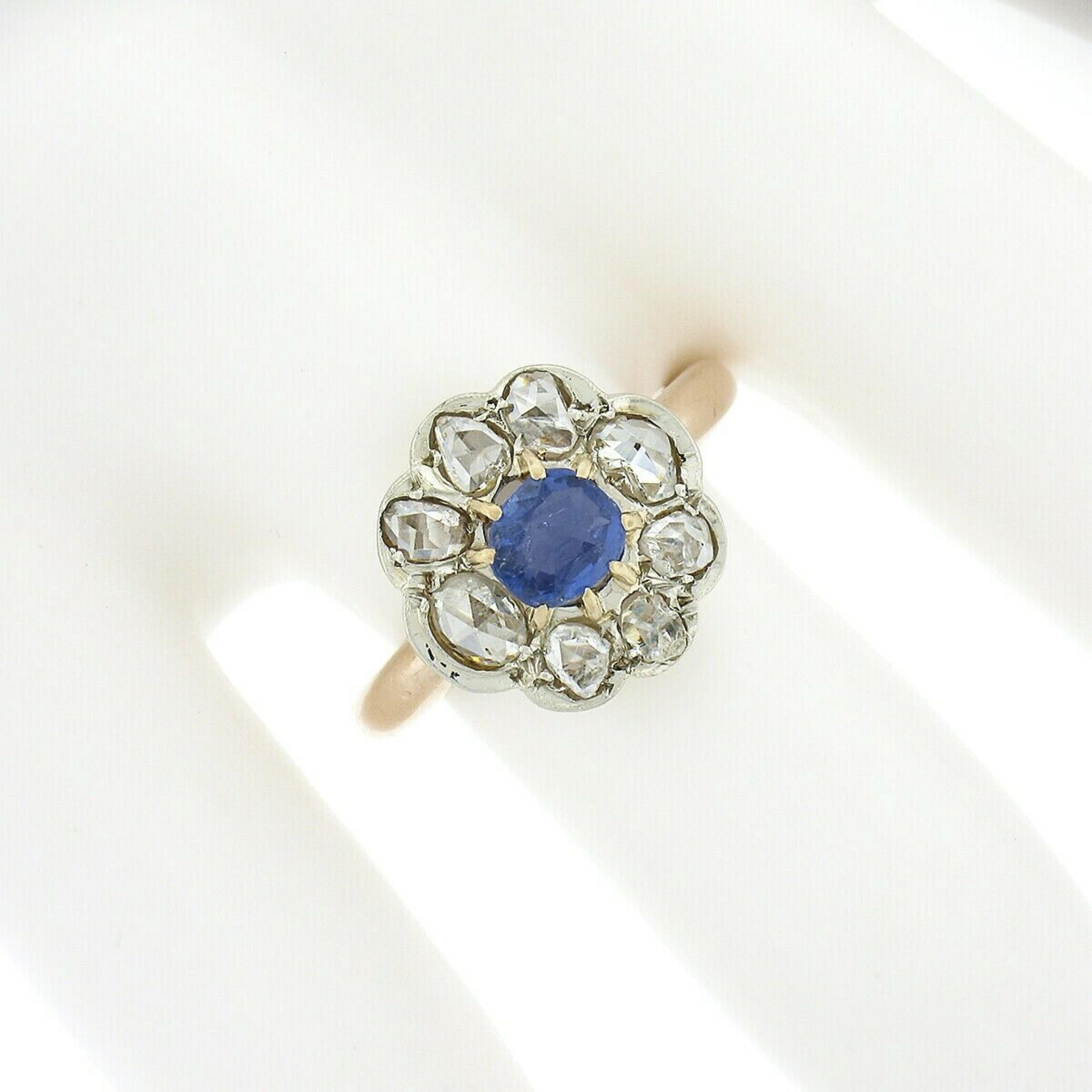 Victorian Antique French 18k Gold GIA Burma No Heat Sapphire & Diamond Flower Cluster Ring