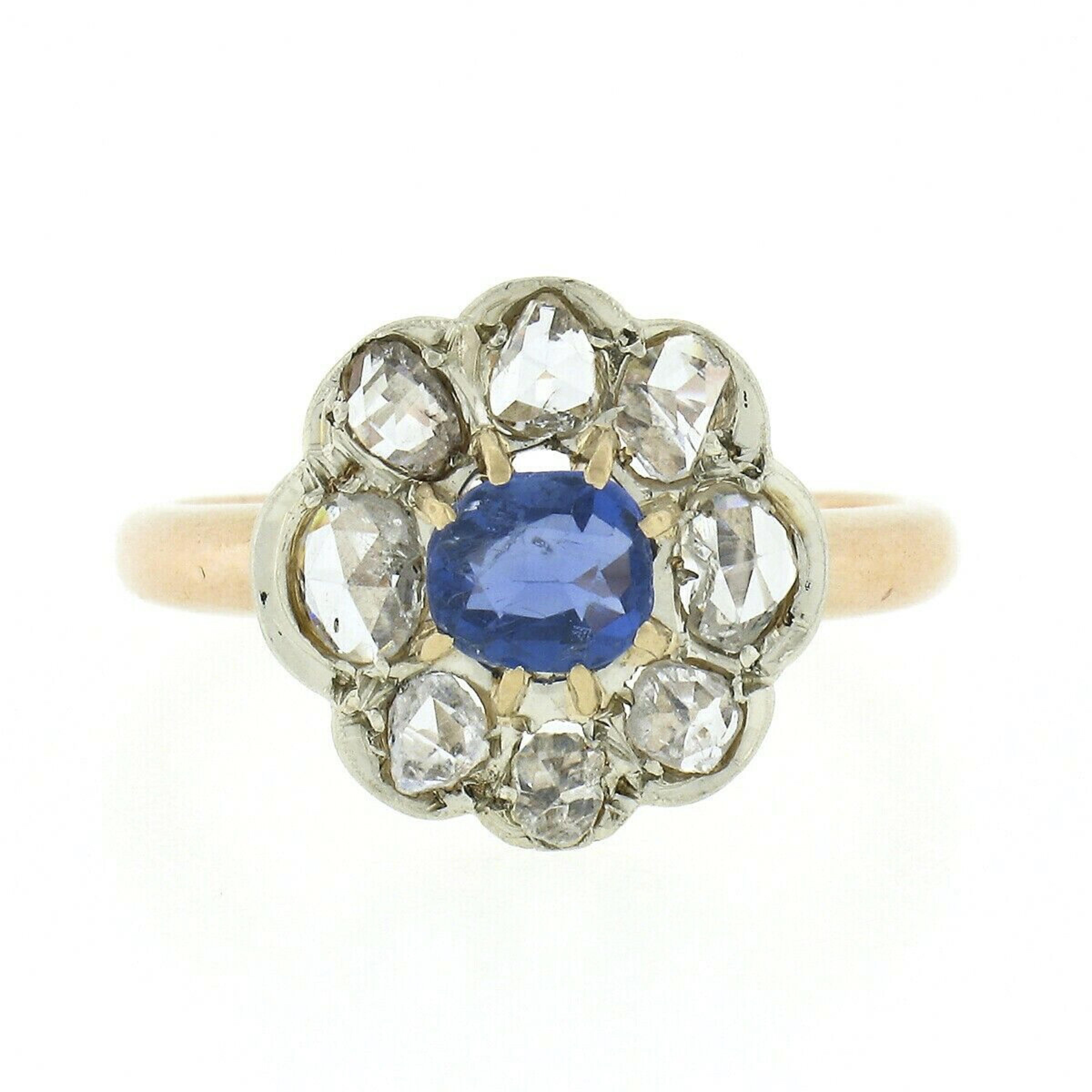 Oval Cut Antique French 18k Gold GIA Burma No Heat Sapphire & Diamond Flower Cluster Ring