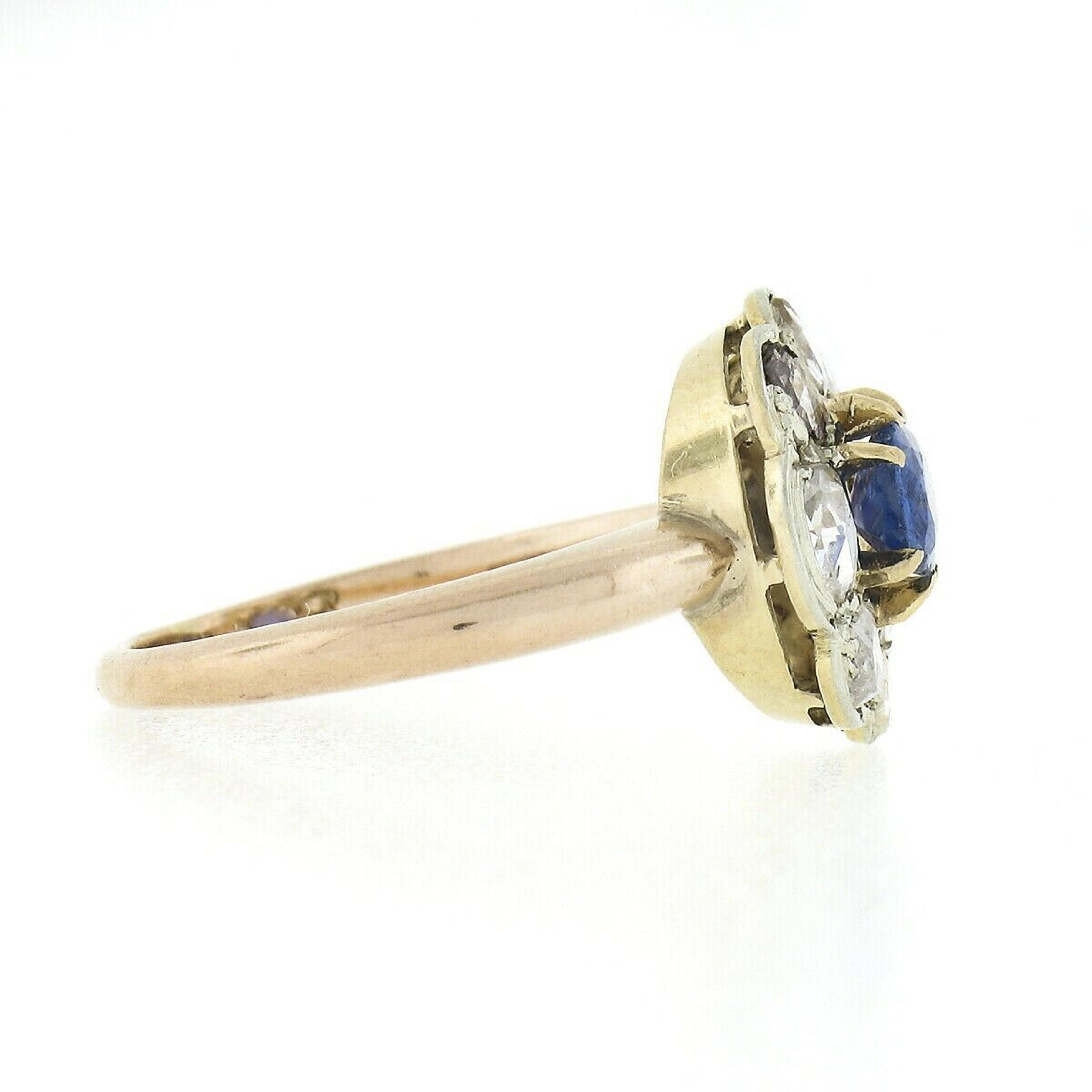 Antique French 18k Gold GIA Burma No Heat Sapphire & Diamond Flower Cluster Ring In Good Condition In Montclair, NJ