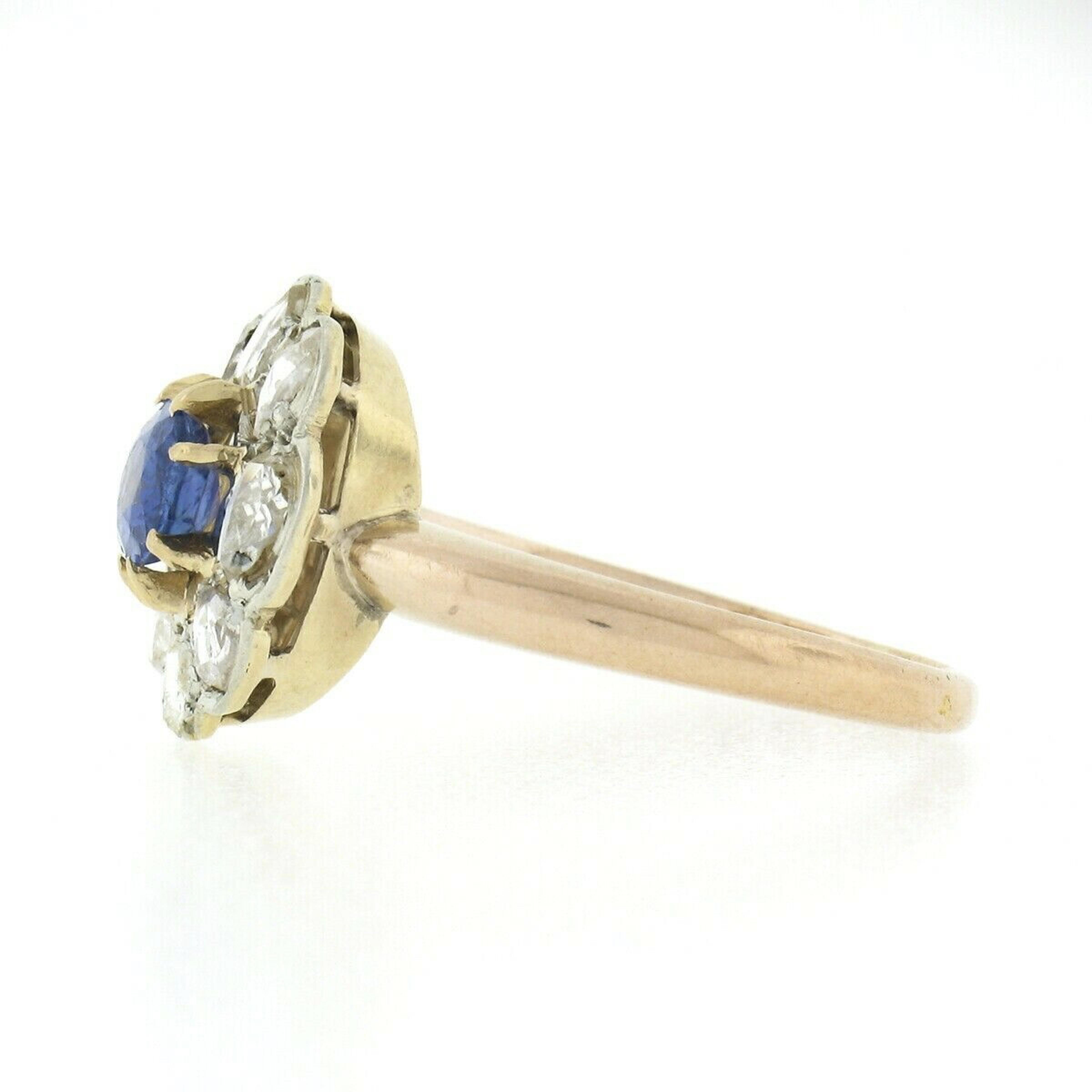 Women's Antique French 18k Gold GIA Burma No Heat Sapphire & Diamond Flower Cluster Ring