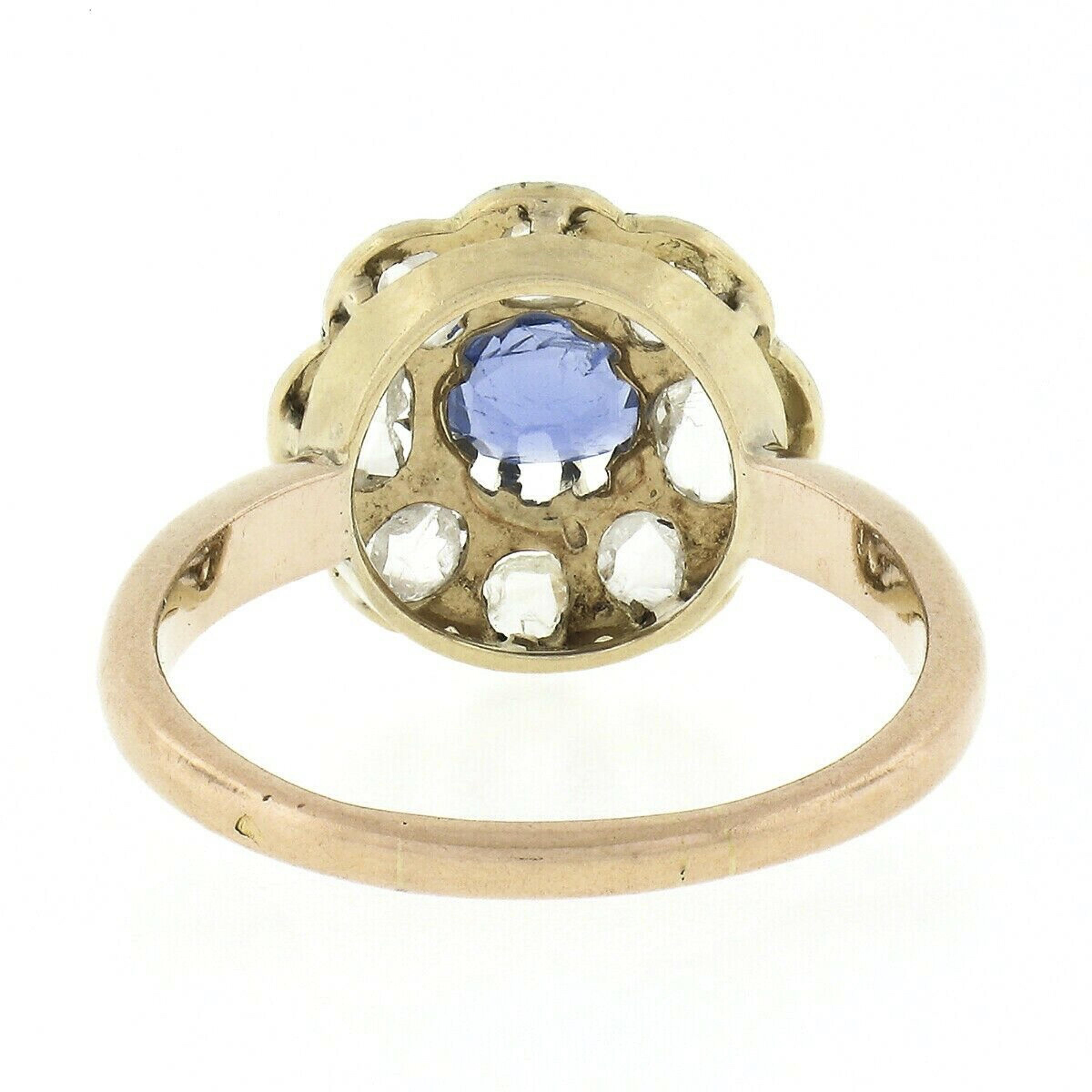 Antique French 18k Gold GIA Burma No Heat Sapphire & Diamond Flower Cluster Ring 1