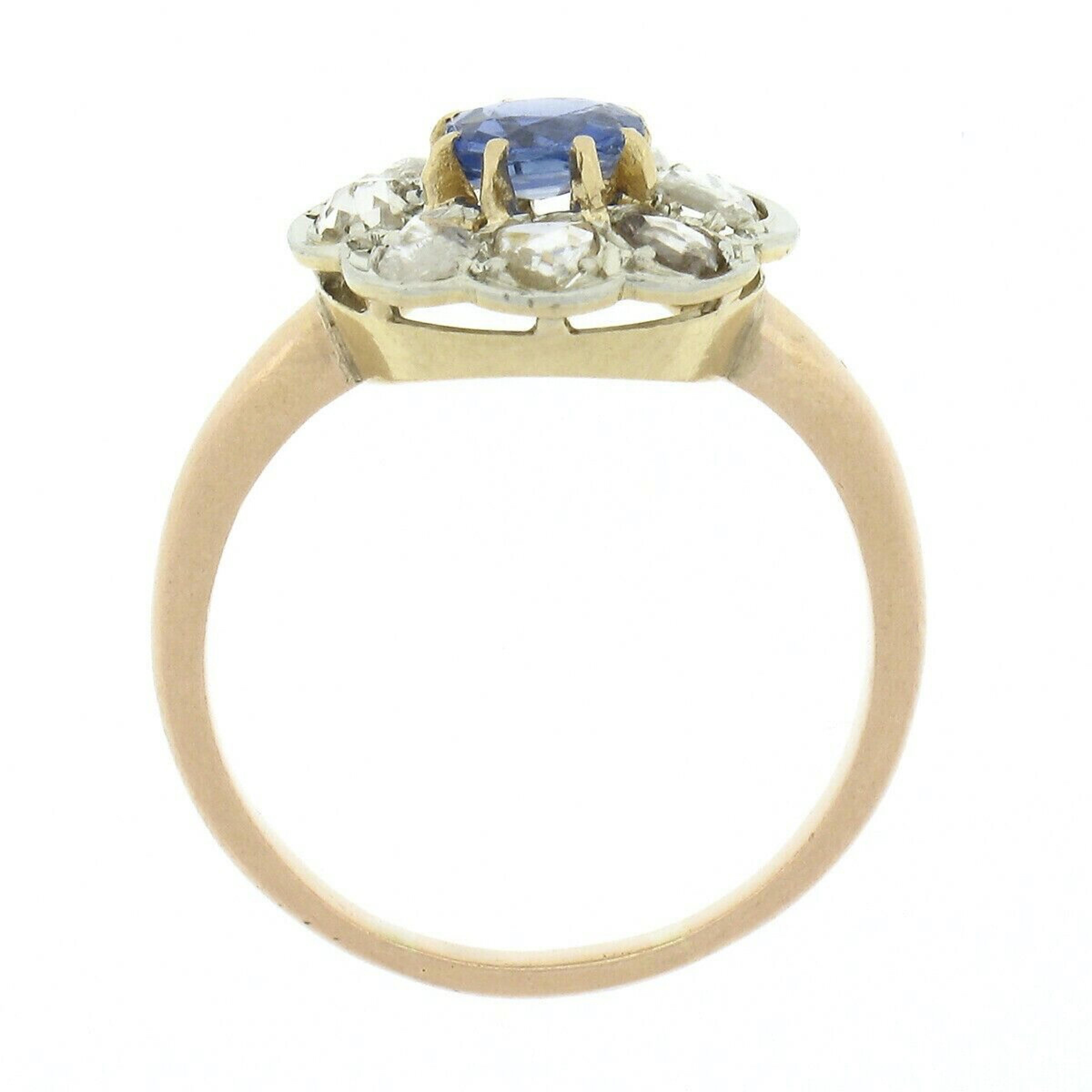 Antique French 18k Gold GIA Burma No Heat Sapphire & Diamond Flower Cluster Ring 2