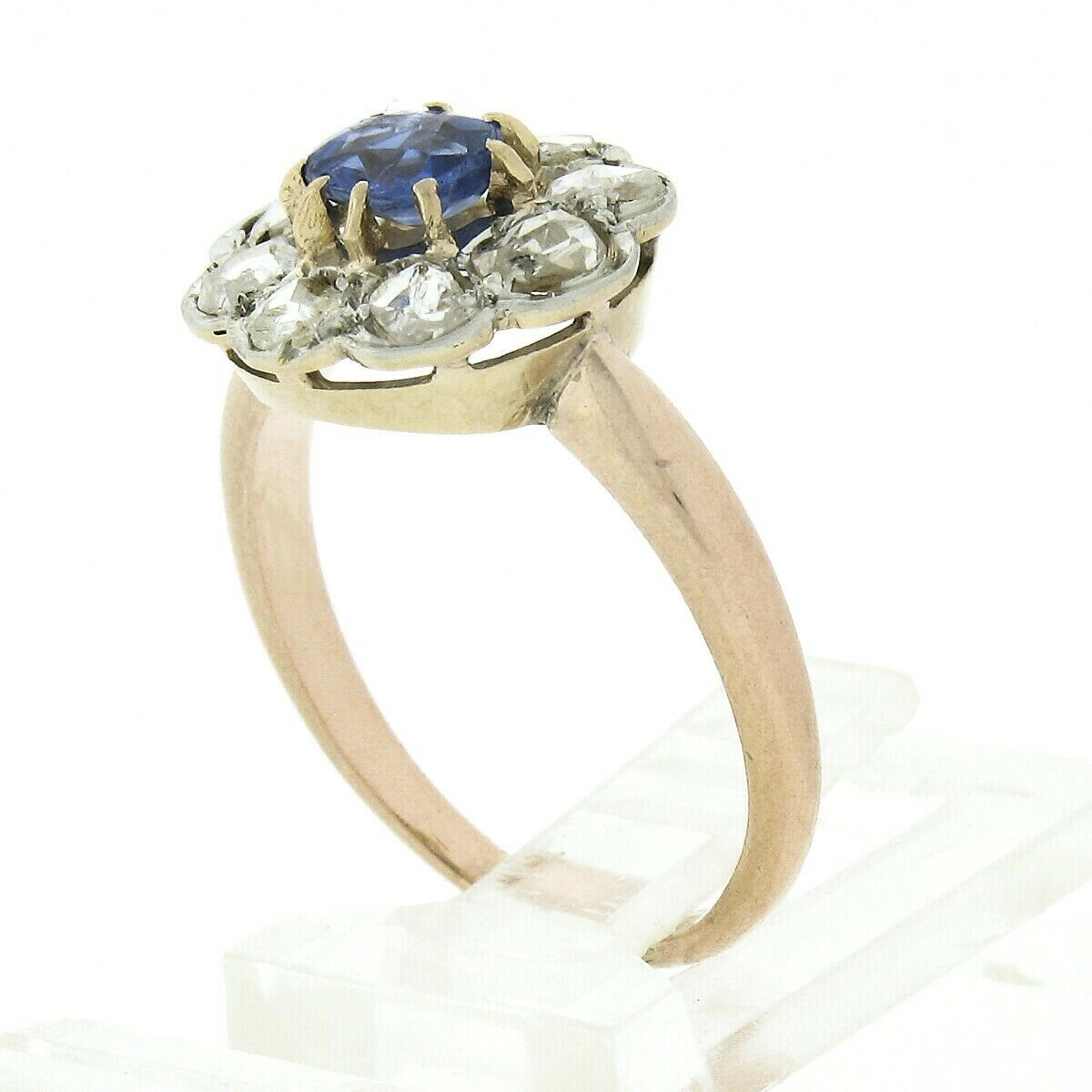 Antique French 18k Gold GIA Burma No Heat Sapphire & Diamond Flower Cluster Ring 3