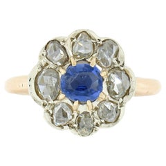 Antique French 18k Gold GIA Burma No Heat Sapphire & Diamond Flower Cluster Ring